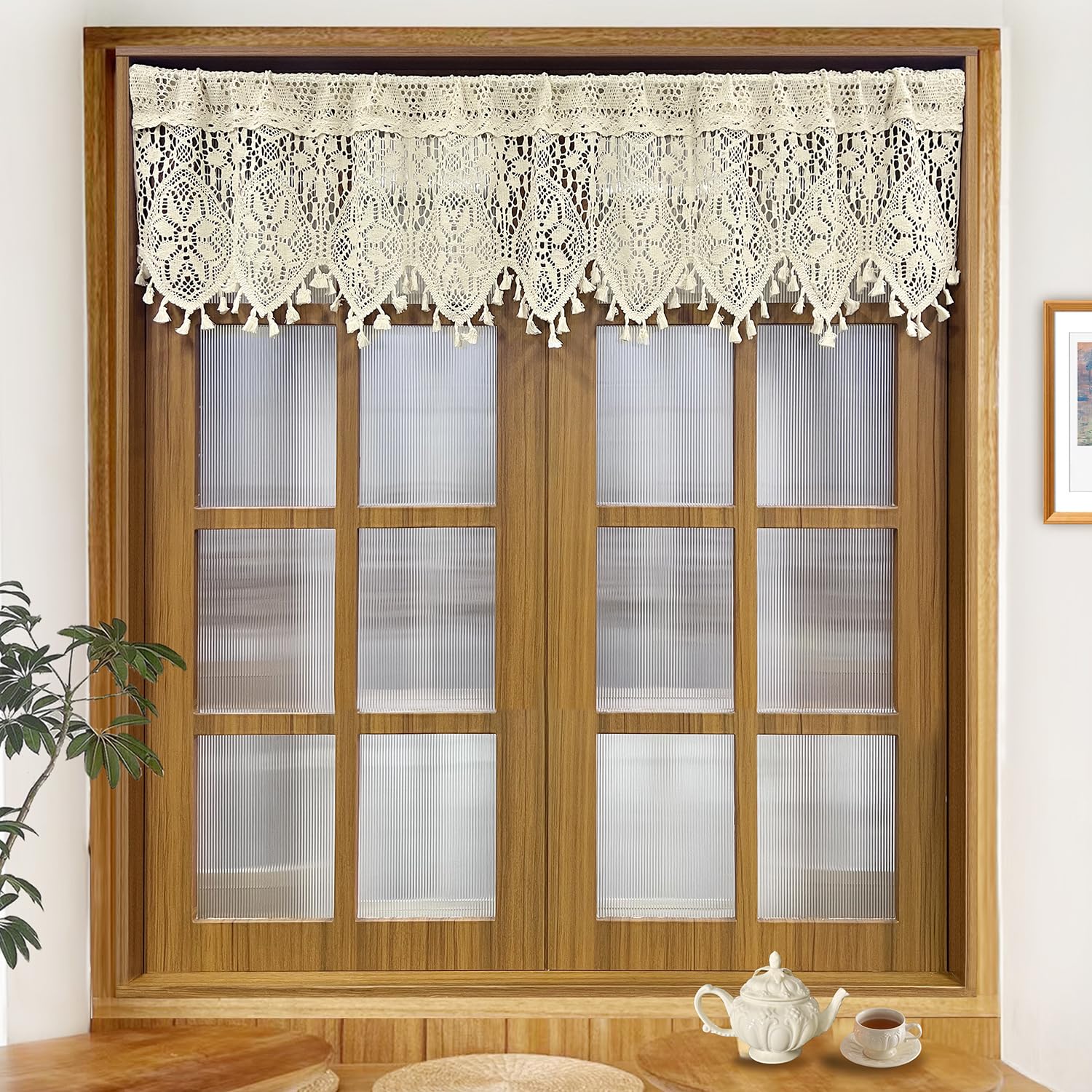 Rustic Crochet Cotton Lace Kitchen Valance Curtains - Farmhouse Tassel Window Treatments for Small Windows (59