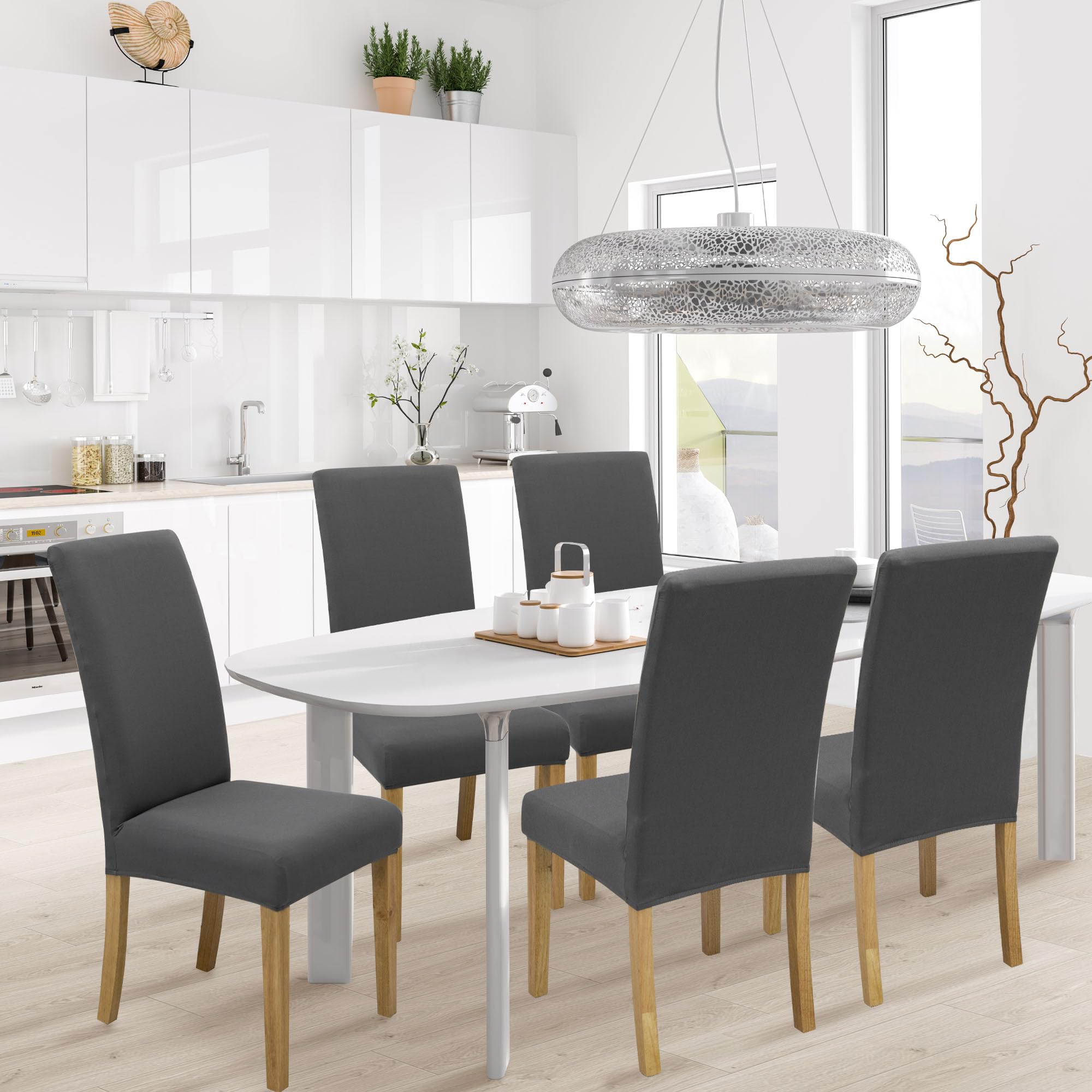 Stretch Washable Dining Chair Covers Set of 6 - Parsons Chair Slipcovers for Kitchen, Home & Restaurant - Protective Gray Fabric Covers for Banquet & Everyday Dining Use