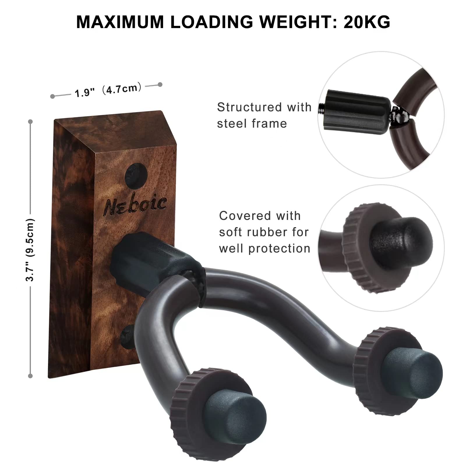 3 Pack Wooden Guitar Wall Mount Hangers - Heavy Duty Hooks for Acoustic, Electric, Bass, Ukulele, Banjo & Mandolin - Space Saving Instrument Storage for Home, Studio or Music Classroom
