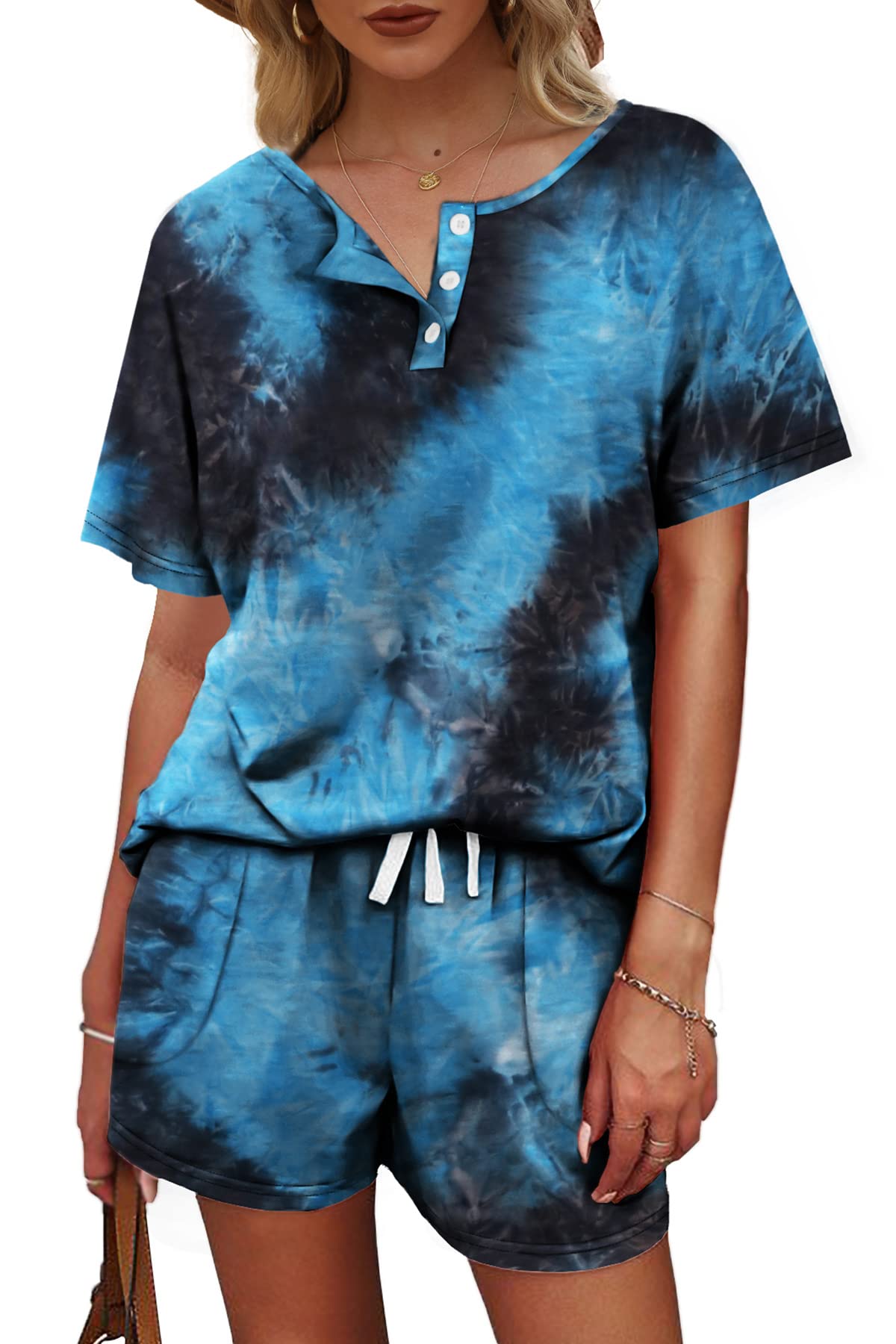 WIHOLL Women's 2-Piece Lounge Set - Button Down Top & Shorts with Pockets | Soft Casual Outfit for Home, Travel & Relaxation
