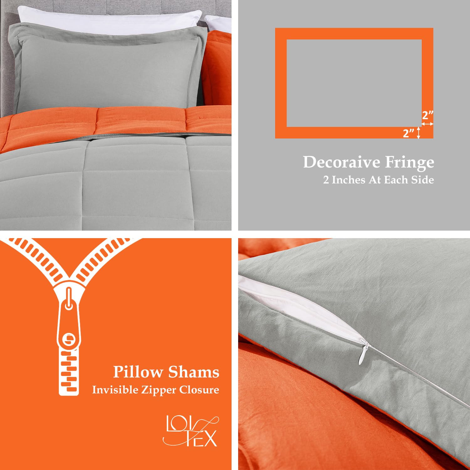 LOVTEX 3-Piece King Size Comforter Set - Ultra Soft Washed Microfiber Reversible Down Alternative Bedding in Orange/Grey - Includes 1 King Comforter & 2 Pillow Shams - Perfect for Master Bedroom, Guest Room & Cozy Winter Nights