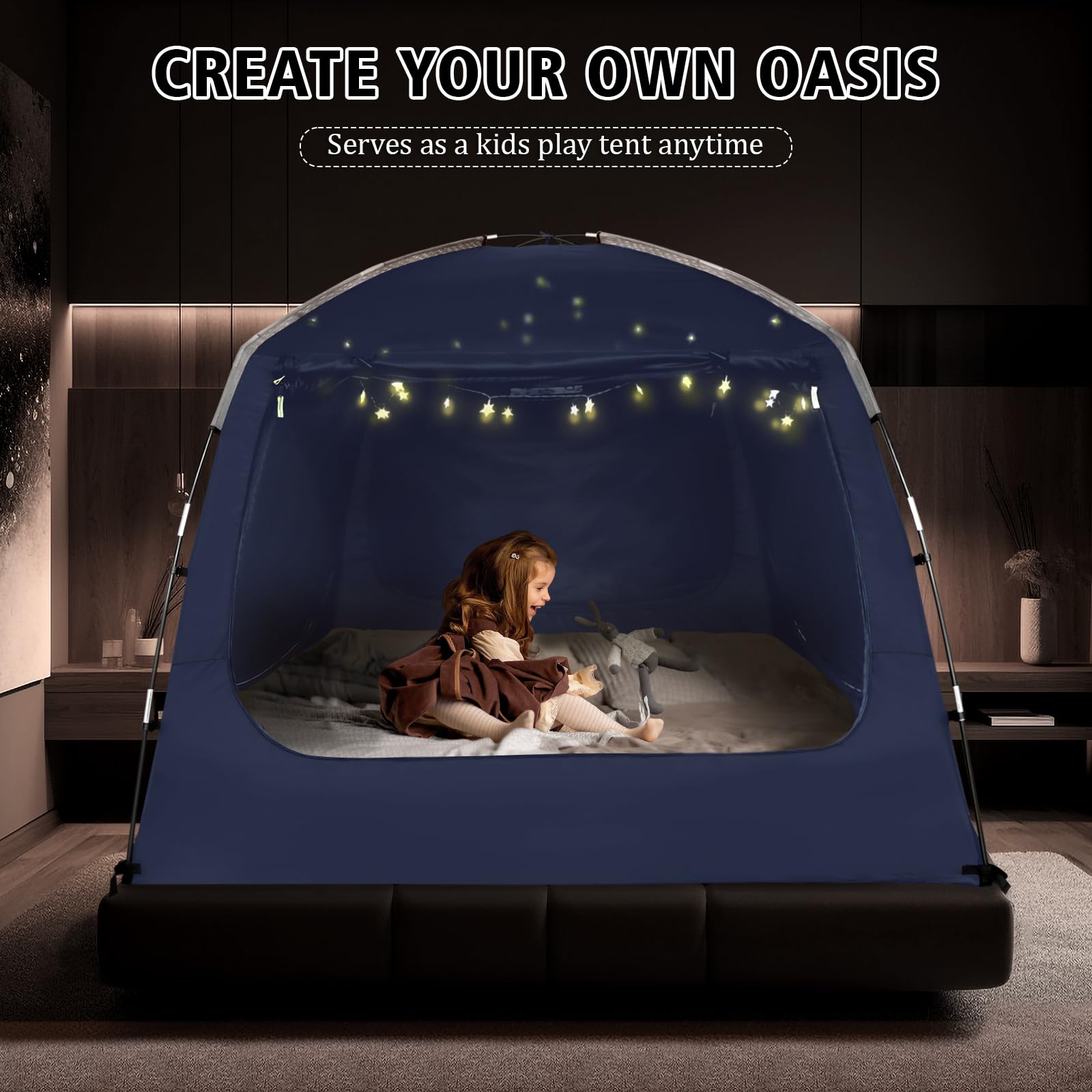**Breathable Bed Tent Canopy for Adults & Kids - Light Reducing Sleeping Tent with String Lights, 4 Doors - Portable Indoor Use for Twin, Full, Queen, King Size Beds | Perfect for Camping, Bedroom Privacy & Cozy Sleep**