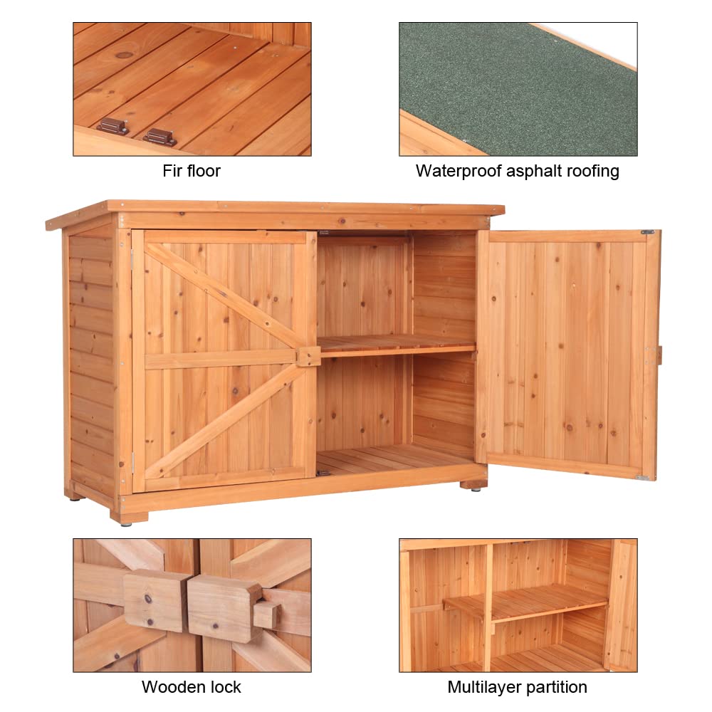 Outdoor Storage Cabinet with Double Lockable Doors - Fir Wood Garden Shed & Tool Organizer for Yard, Patio, and Backyard | Weatherproof Vertical Storage Solution for Gardening Tools, Pool Supplies & Outdoor Equipment
