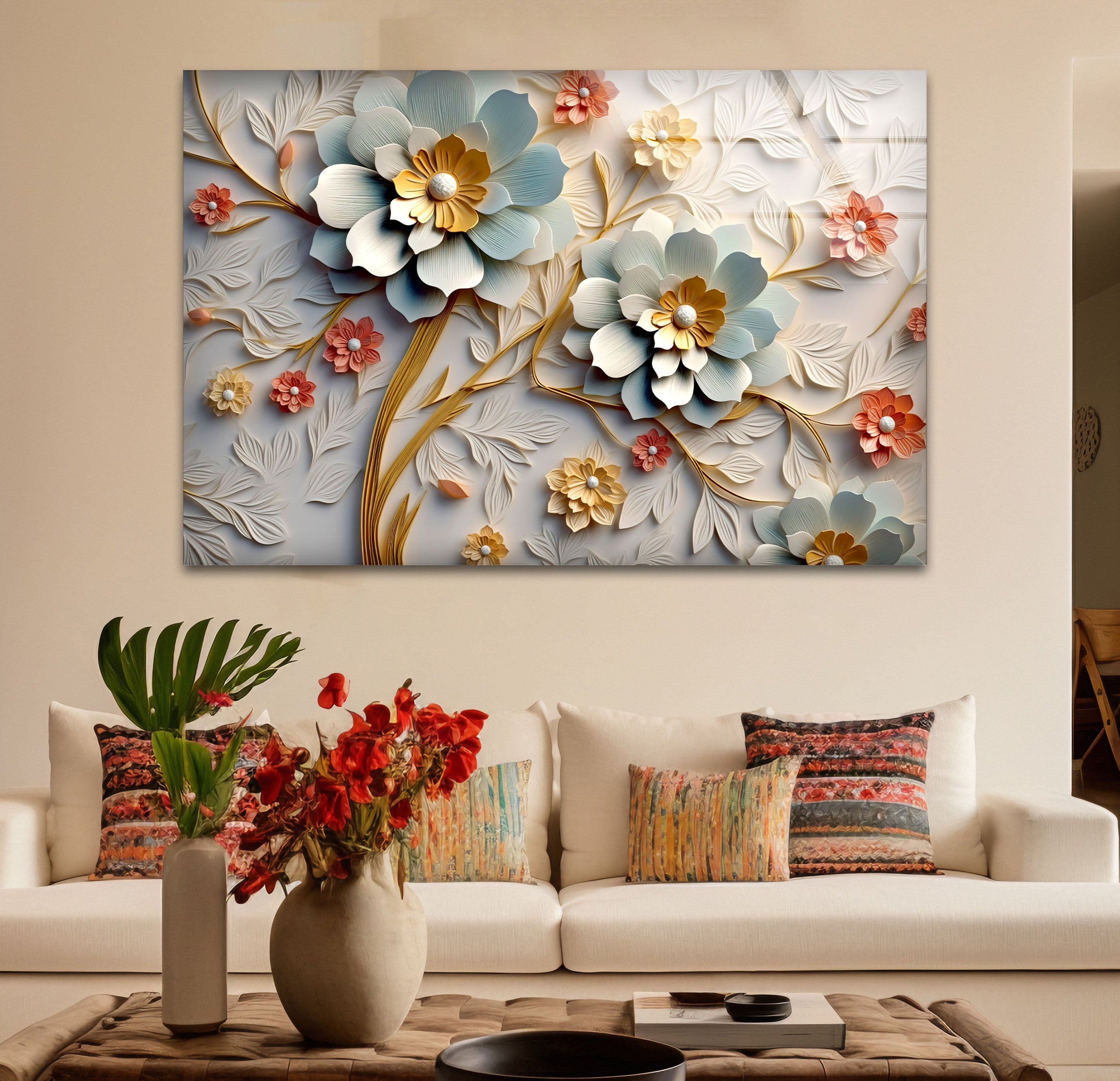 3D Blooming Flower Wall Art - Elegant Embossed Glass Floral Print for Home Decor, Living Room, Bedroom, Office | Modern Botanical Wall Decor for Interior Design