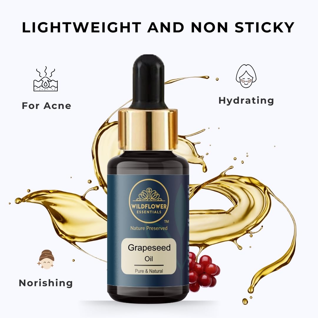 100% Pure & Natural Cold Pressed Grapeseed Oil for Face, Skin & Hair - Lightweight Anti-Aging Carrier Oil | Wildflower Essentials Undiluted 30ml | Perfect for DIY Beauty, Massage & Aromatherapy