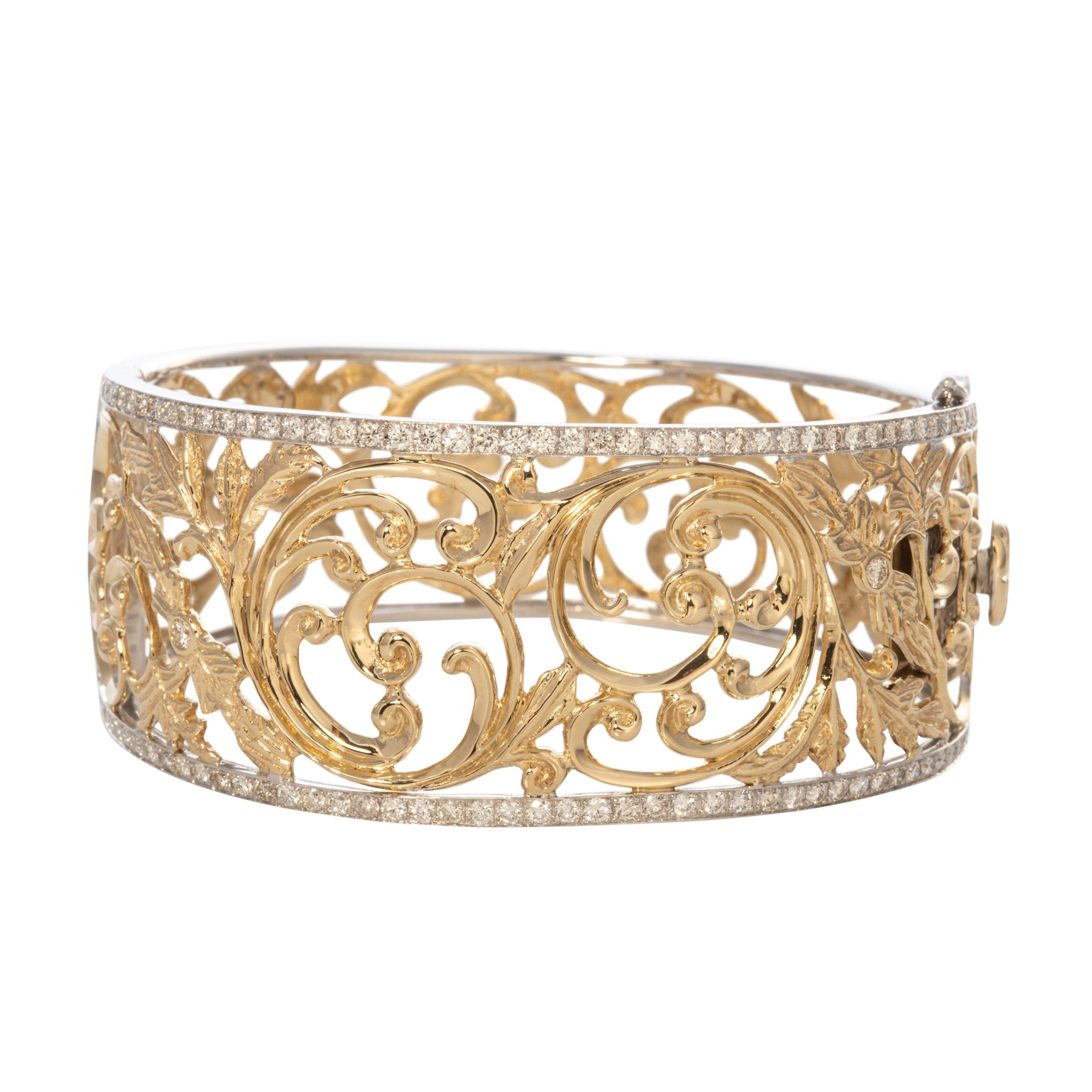 2ctw Diamond Accent 14K Gold Openwork Scroll Cuff Bangle Bracelet for Women - Elegant Jewelry Gift for Anniversary, Wedding & Special Occasions