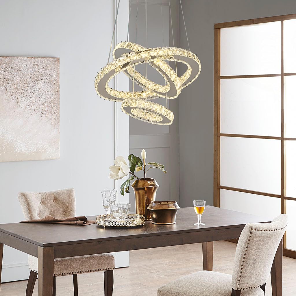 Naoeoon Modern LED Crystal Chandelier - 48W Dimmable Pendant Light with 3 Crystal Rings, 3000K-6500K Color Temperature, 9100LM Brightness for Dining Room, Kitchen Island & Foyer Lighting