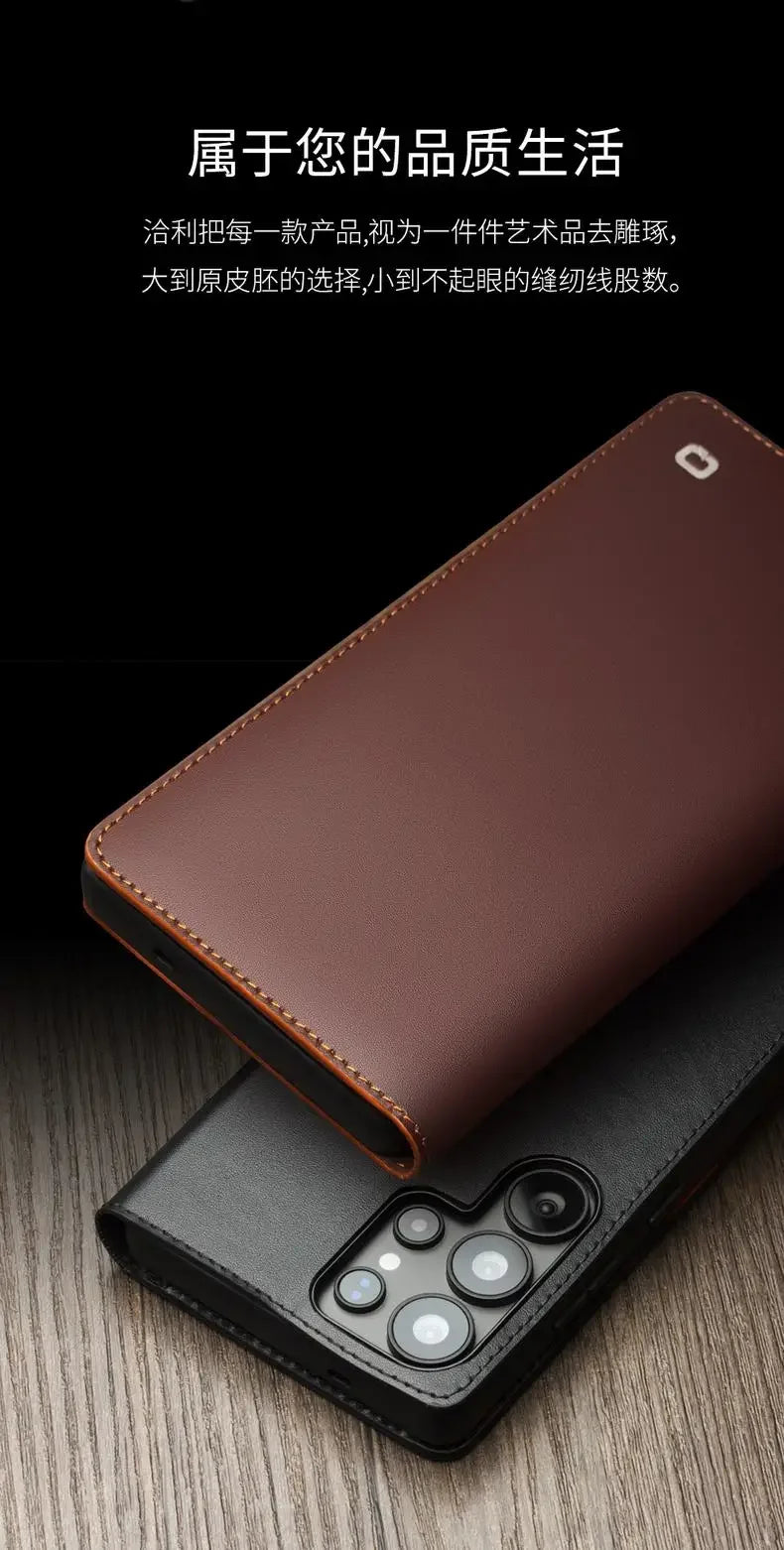 Samsung Galaxy S25 Ultra Genuine Leather Flip Wallet Case - Retro Style Protective Cover with Card Slots for Daily Use & Travel Accessories