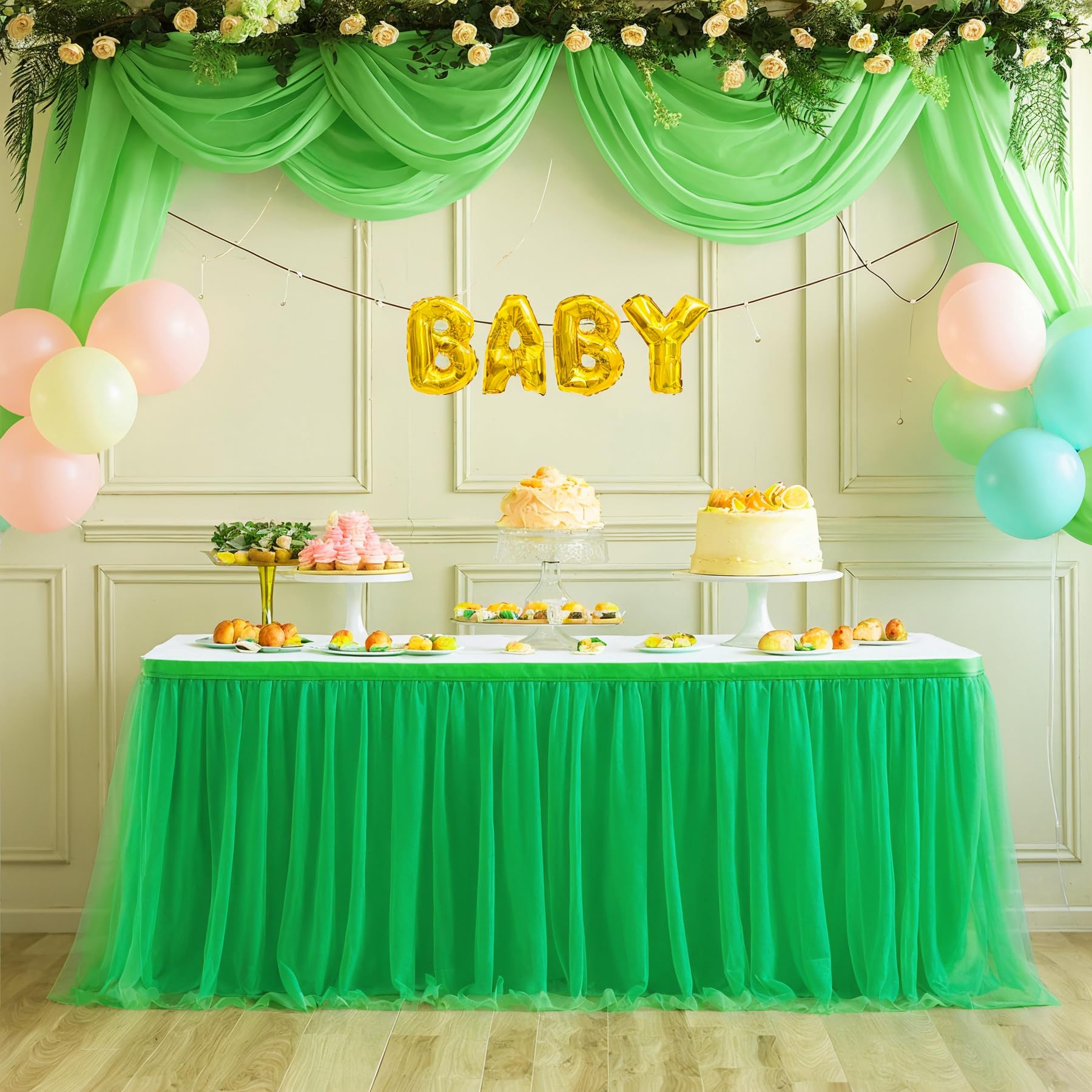 Suppromo 9ft Green Tulle Table Skirt - Elegant Ruffle Tutu Tablecloth for Rectangle & Round Tables | Perfect for Birthday Parties, Baby Showers, Jungle Luau & Safari Theme Decorations | Wedding, Bridal Shower & Holiday Party Table Decor