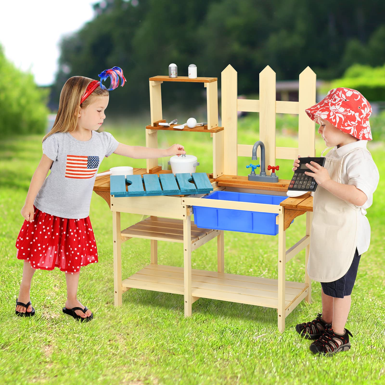 Costzon Kids Mud Kitchen Outdoor - Wooden Pretend Play Kitchen Set with Removable Sink, Faucet & Storage Shelves - Mud Table Playset for Boys & Girls Ages 3+ - Perfect for Backyard, Garden & Outdoor Pretend Play