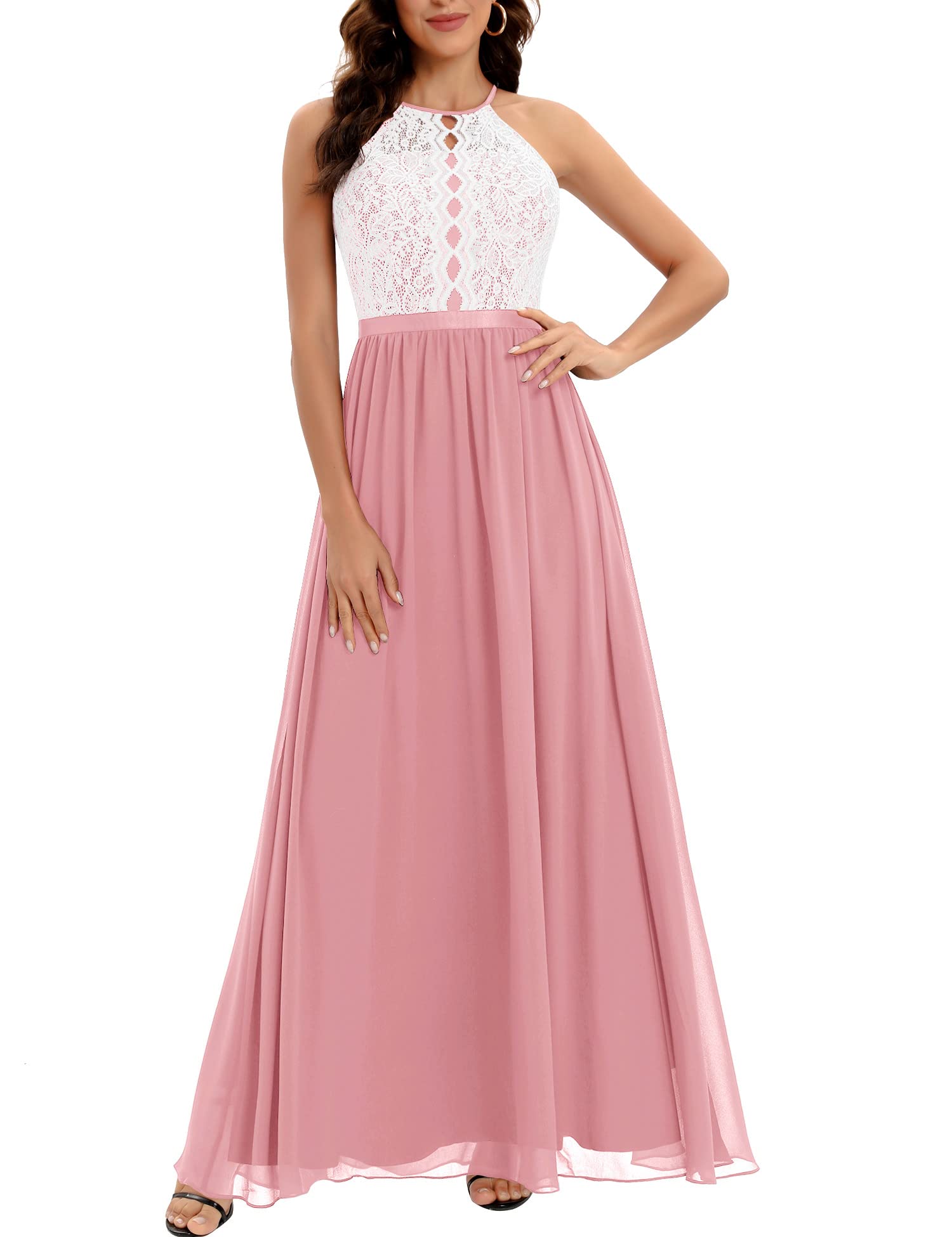 Elegant Women's Summer Long Formal Halter Lace Dress - Wedding, Bridesmaid & Party Gown for Special Occasions | Perfect for Beach Weddings, Evening Galas & Cocktail Parties