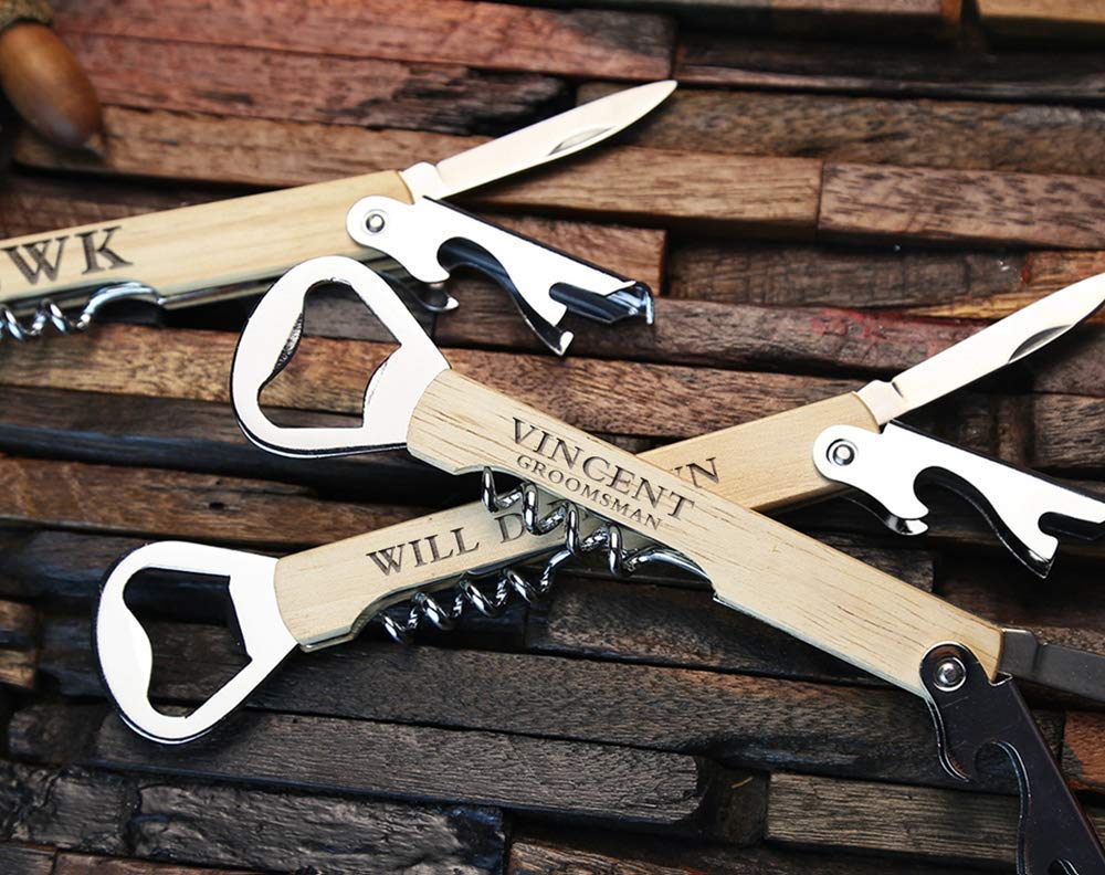 Personalized Wooden Wine Opener - Unique Groomsmen Gifts, Best Man Present, Wedding Day Keepsake, Romantic Bride to Groom Gift Idea for Husband & Boyfriend - Natural Wood Finish - Perfect for Anniversaries, Engagements & Special Occasions