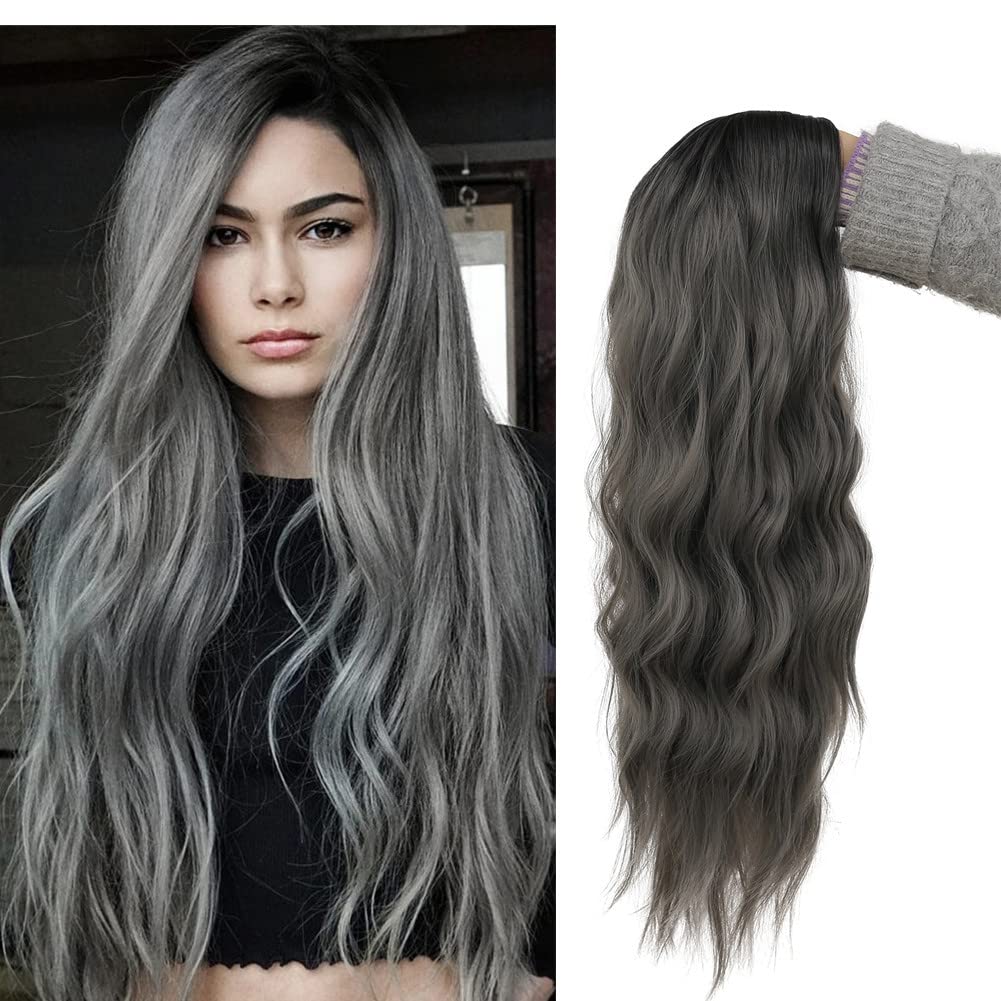 Ombre Grey Black Curly Wavy Long Synthetic Hair Wig for Women - Dark Roots Full Wig for Cosplay, Halloween, Parties & Daily Use (Perfect for Costume Events, Themed Parties & Everyday Styling)