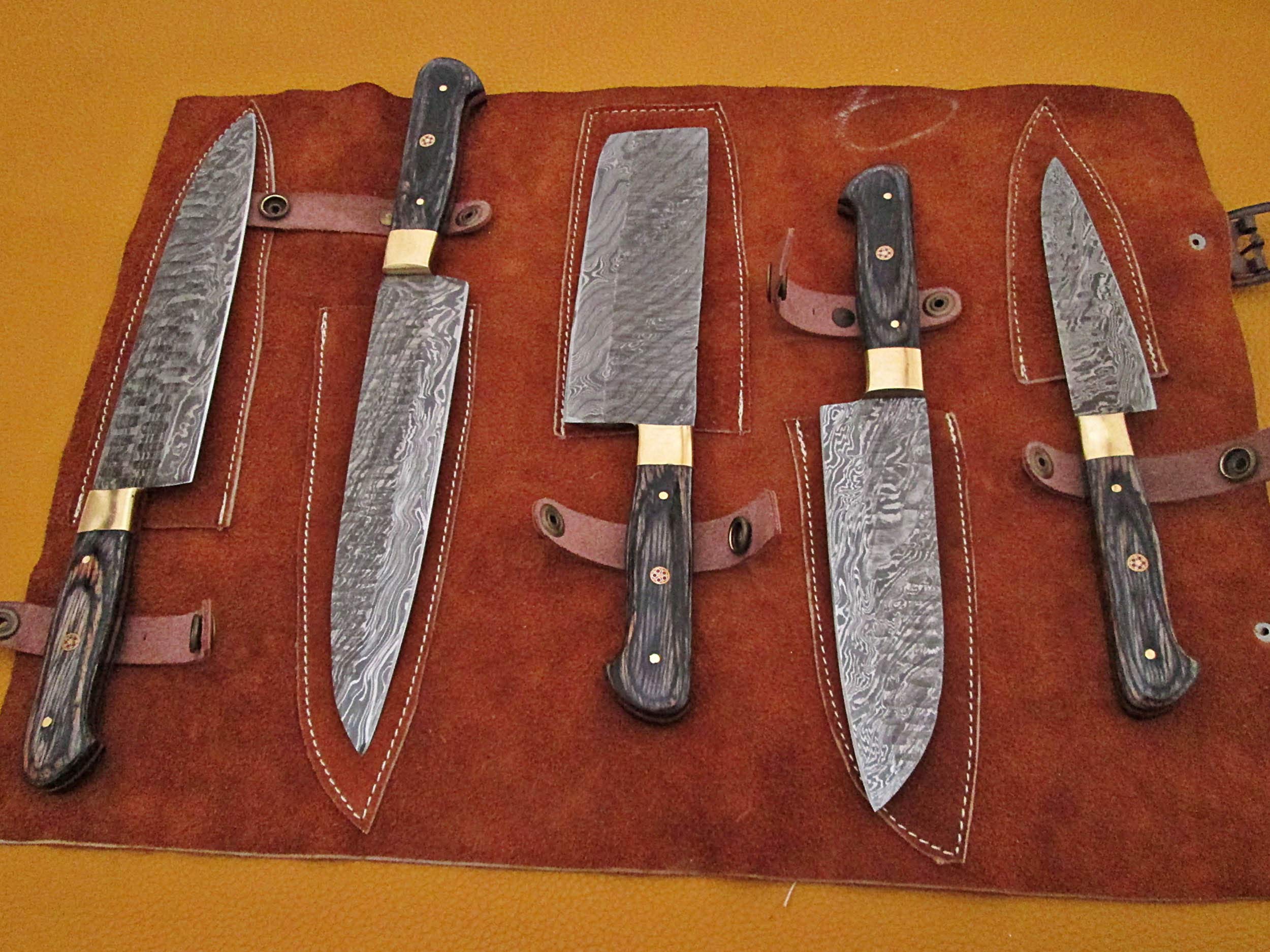 Premium 5-Piece Damascus Steel Kitchen Knife Set - Hand Forged Hammered Blades with 2-Tone Wood Handle - 54-Inch Razor Sharp Knives - Includes Black Goat Suede Leather Sheath - Perfect for Professional Chefs & Home Cooking Enthusiasts