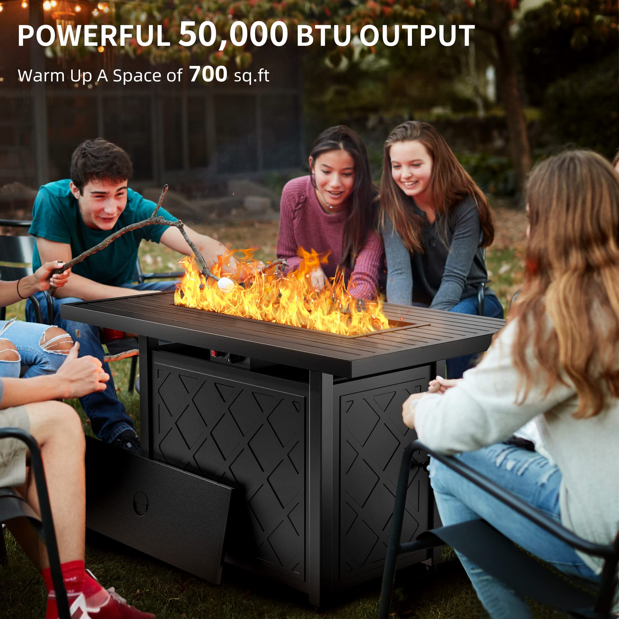 YITAHOME 43 Inch Black Rectangular Propane Fire Pit Table - 50,000 BTU Outdoor Gas Fire Pit with Electronic Ignition, Iron Tabletop & Lava Rocks - Includes Cover - Perfect for Patio, Deck, Garden, Backyard & Camping Gatherings