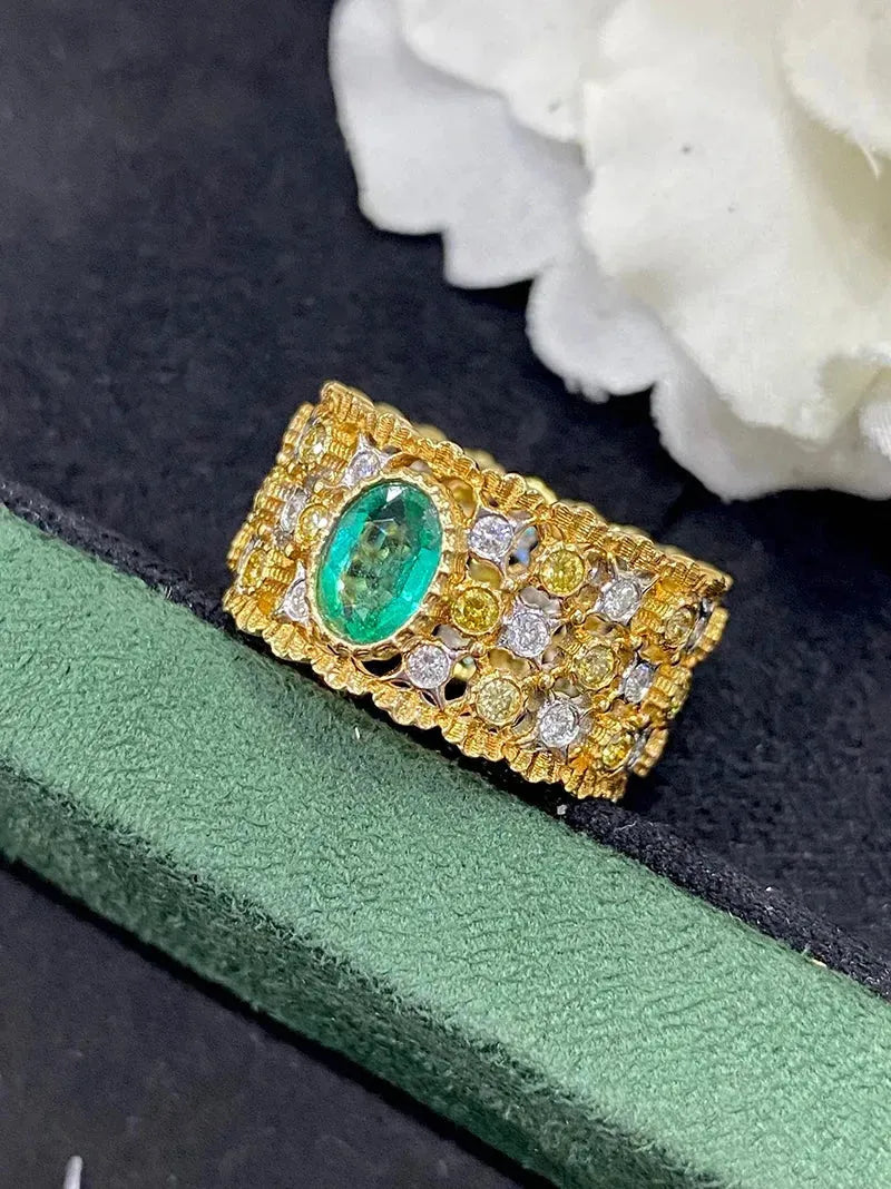 18K White & Yellow Gold Honeycomb Design Ring with Real Natural Emerald & Diamond for Women | Elegant Wedding, Engagement, Anniversary Jewelry Gift