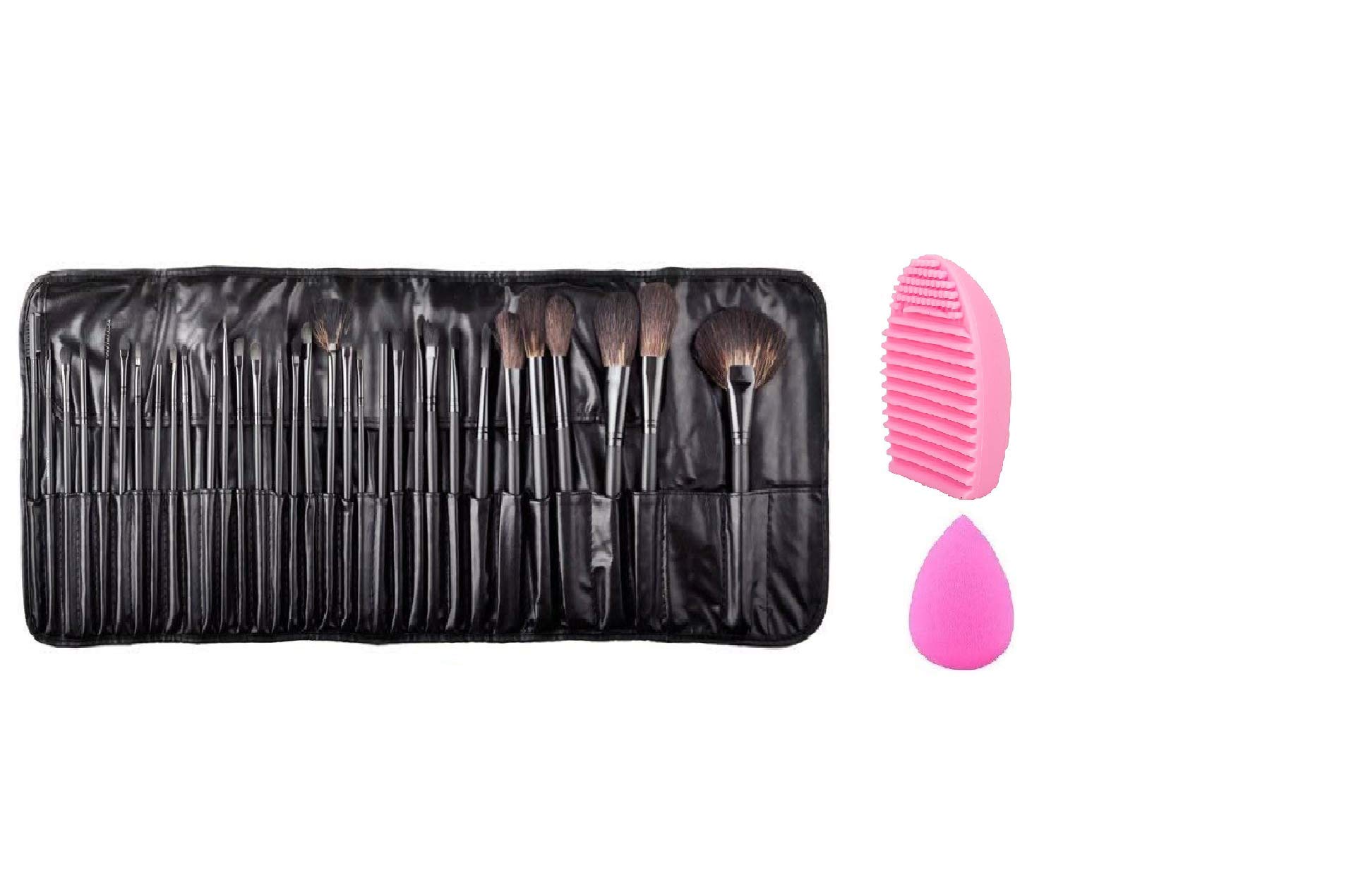 Premium 32-Piece MISS & MAM Makeup Brush Set with Natural/Synthetic Bristles, Leather Pouch, Sponge Puff & Brush Cleaner - Black | Professional Cosmetic Brushes for Foundation, Blush, Eyeshadow & More