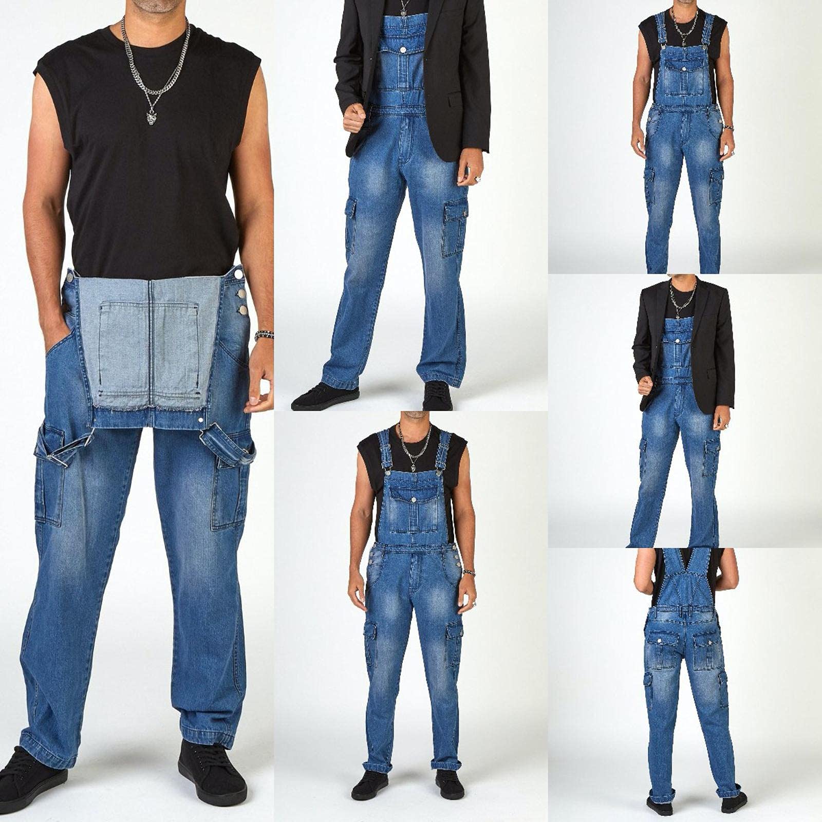 Men's Distressed Denim Jumpsuit - Multipocket Streetwear Bib Overalls, Washed Blue Dungarees (XXL) for Casual Outings, Music Festivals & Urban Fashion