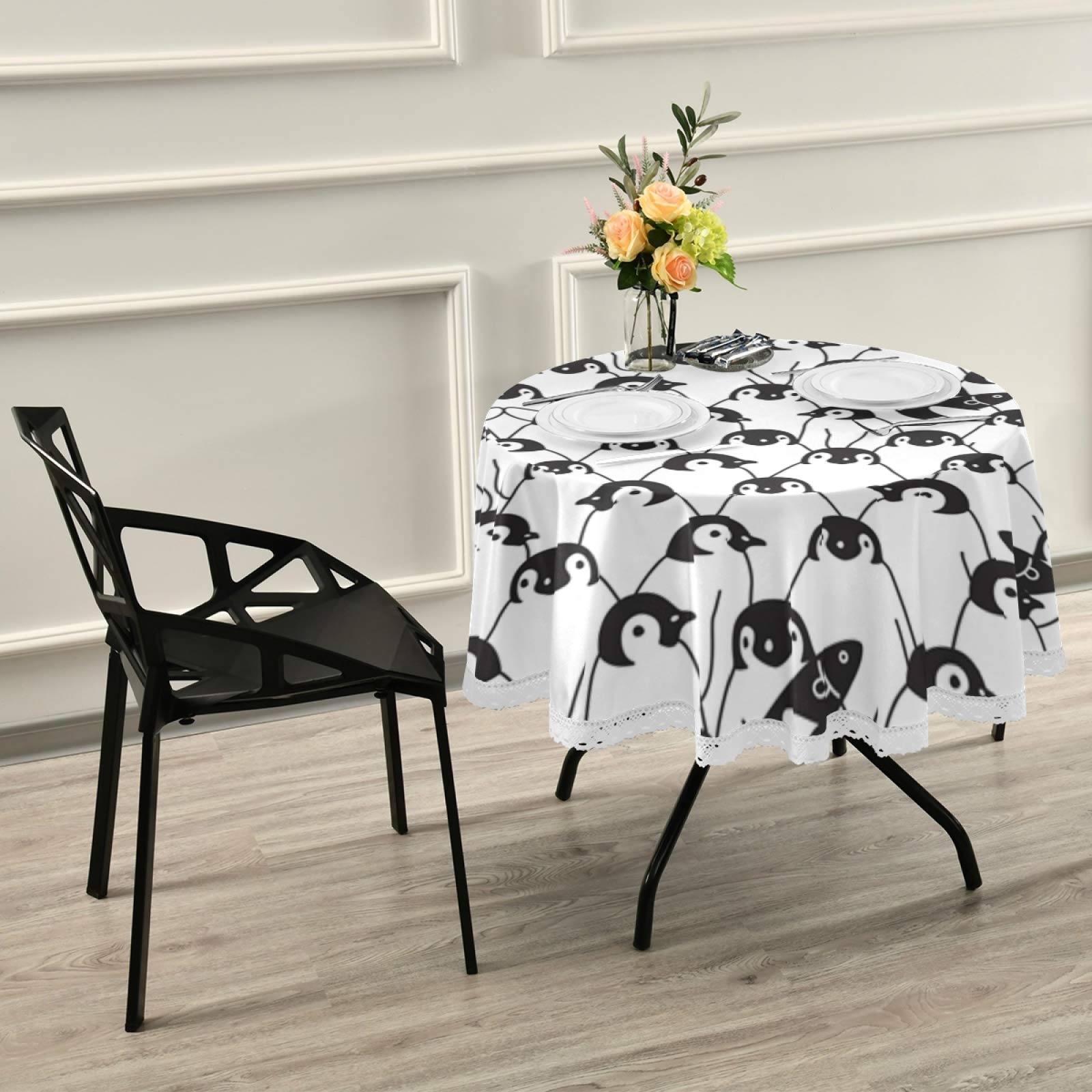 Winter Penguin Round Tablecloth - 60 Inch White & Black Animal Print Polyester with Lace Trim for Party, Dinner Table Decor | Perfect for Holiday Gatherings, Christmas Celebrations & Themed Events