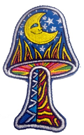 Dan Morris Artist Novelty Iron On Patch - Moon & Stars Mushroom Applique for DIY Clothing, Jackets, Bags & Costume Design - Unique Embroidered Sew On Patch for Hippie & Boho Style