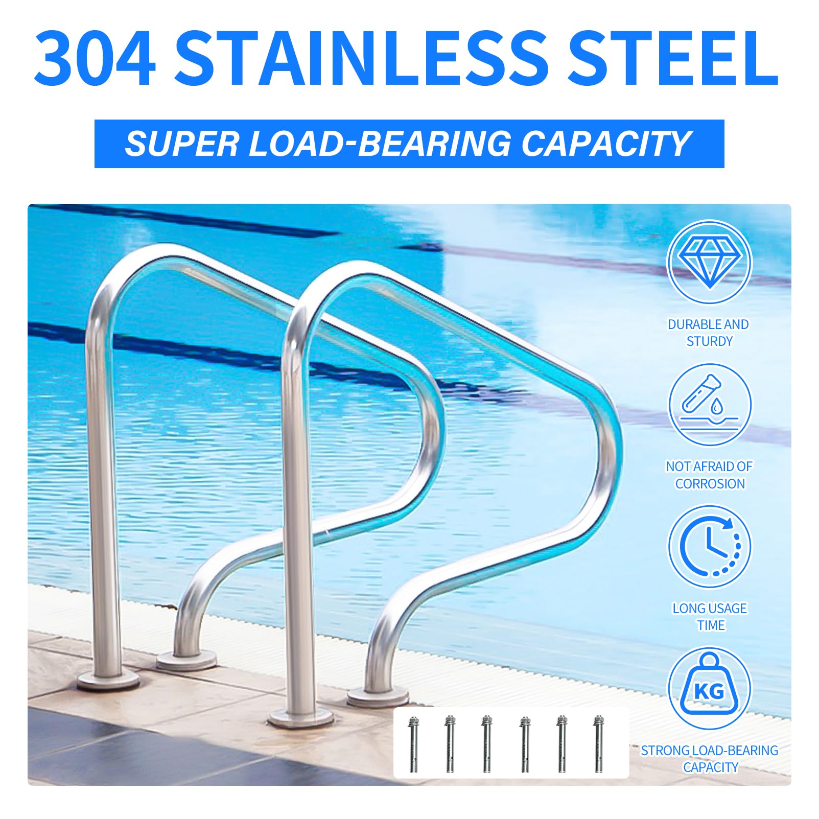 Stainless Steel Pool Handrail - Heavy Duty 304 Stainless Steel Safety Rail for In-Ground Pools | 330lbs Weight Capacity | 31.5x31.5 Inch (800x800mm) | No Pre-Embedding Required with Expansion Screws Included | Perfect for Pool Safety, Elderly Assistance & ADA Compliance