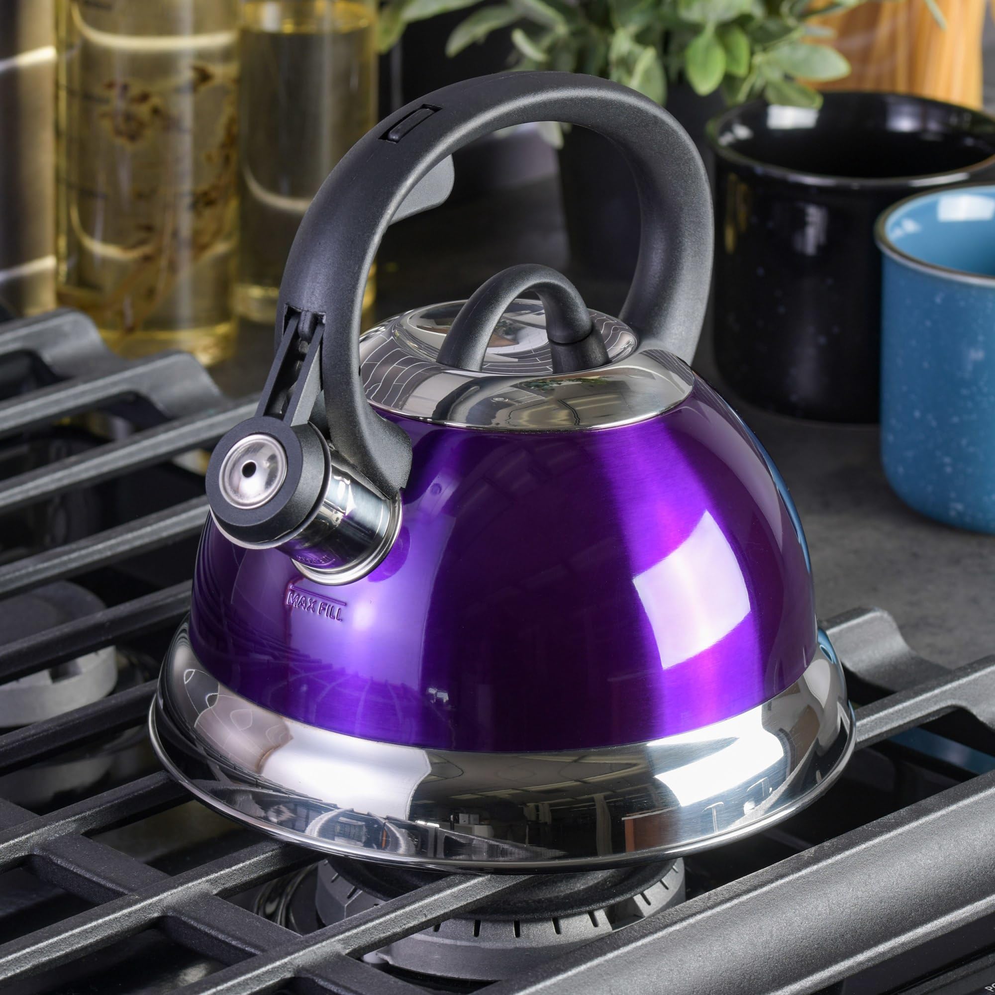 Mr. Coffee Flintshire 1.75-Quart Stainless Steel Whistling Tea Kettle with Heat-Resistant Nylon Handle - Metallic Purple | Perfect for Stovetop Tea Brewing & Kitchen Decor