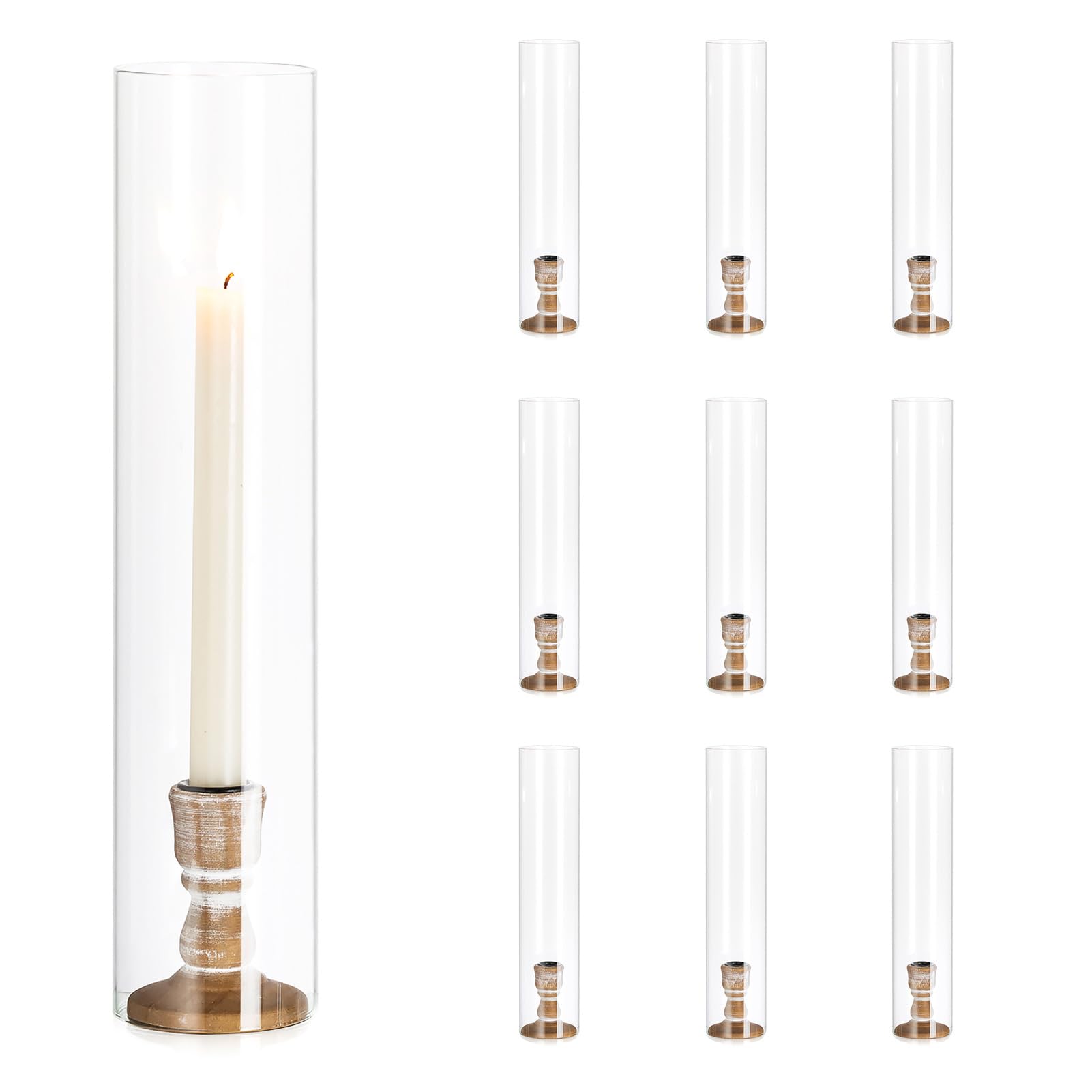 NUPTIO 10-Pack Vintage Wooden Candle Holders - 14 Inch Hurricane Glass Candle Sticks with Bottomless Cylinder for Wedding, Holiday & Outdoor Decor - Perfect for Centerpieces, Table Settings & Event Lighting