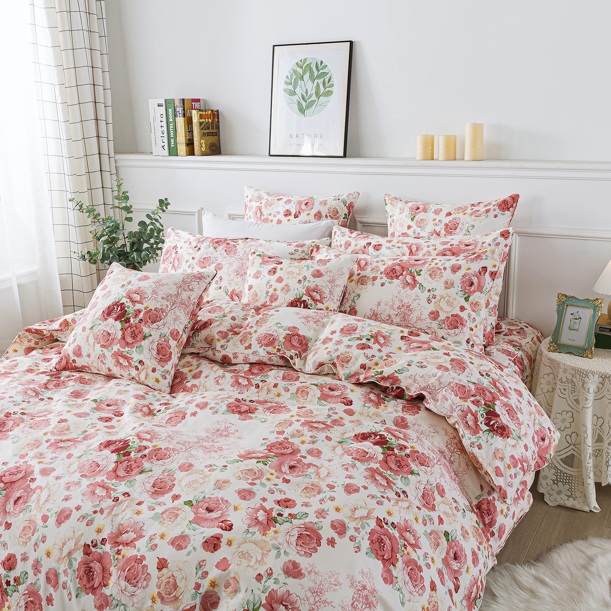 FADFAY Queen Size Duvet Cover Set - 100% Cotton 600TC Soft Comforter Cover with Hidden Zipper, Elegant Pink Peony Floral Design for Romantic Bedroom Decor | 3-Piece Shabby Chic Summer Bedding Set for Master Bedroom & Guest Room