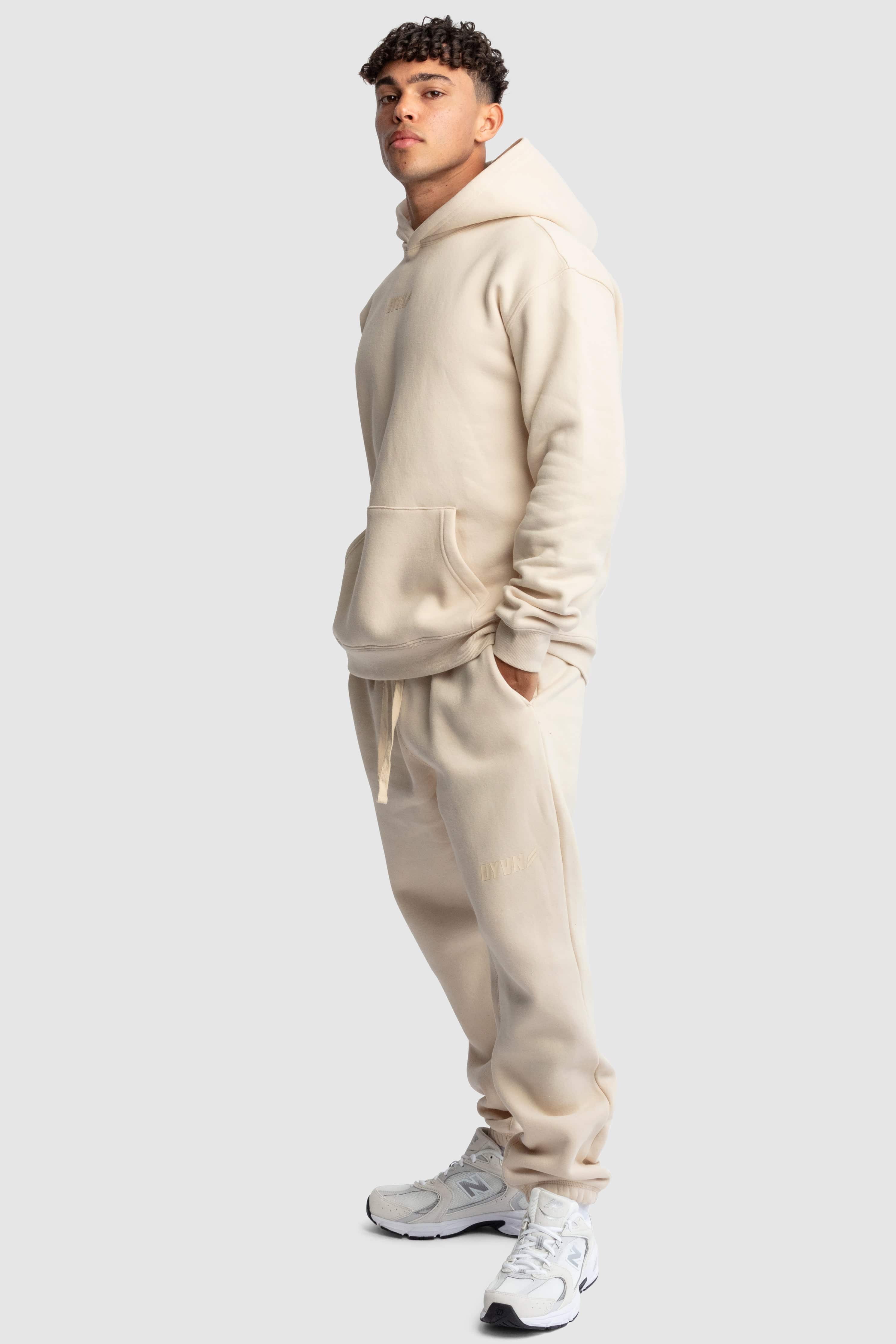 Men's DYVN Relaxed Fit Hoodie - Soft Cotton Pullover Sweatshirt with Kangaroo Pocket | Cream | Casual Wear, Street Style & Loungewear
