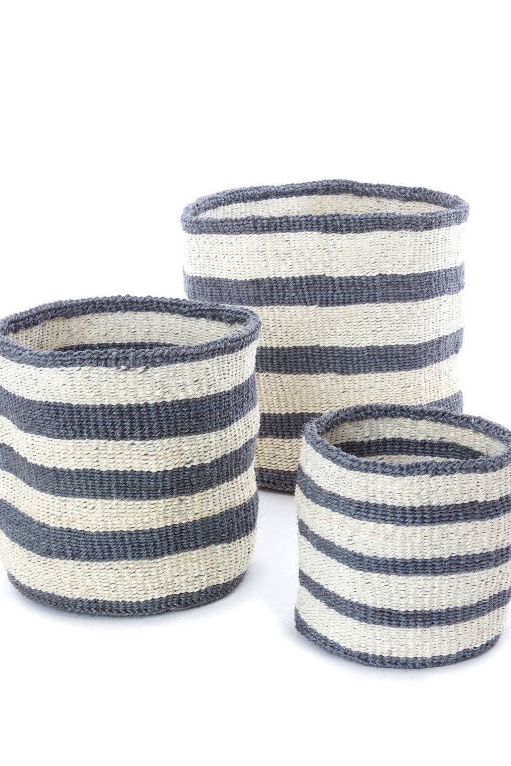 Natural Sisal Woven Basket with Dove Gray Stripes - Stylish Storage for Home, Office, or Nursery Organization