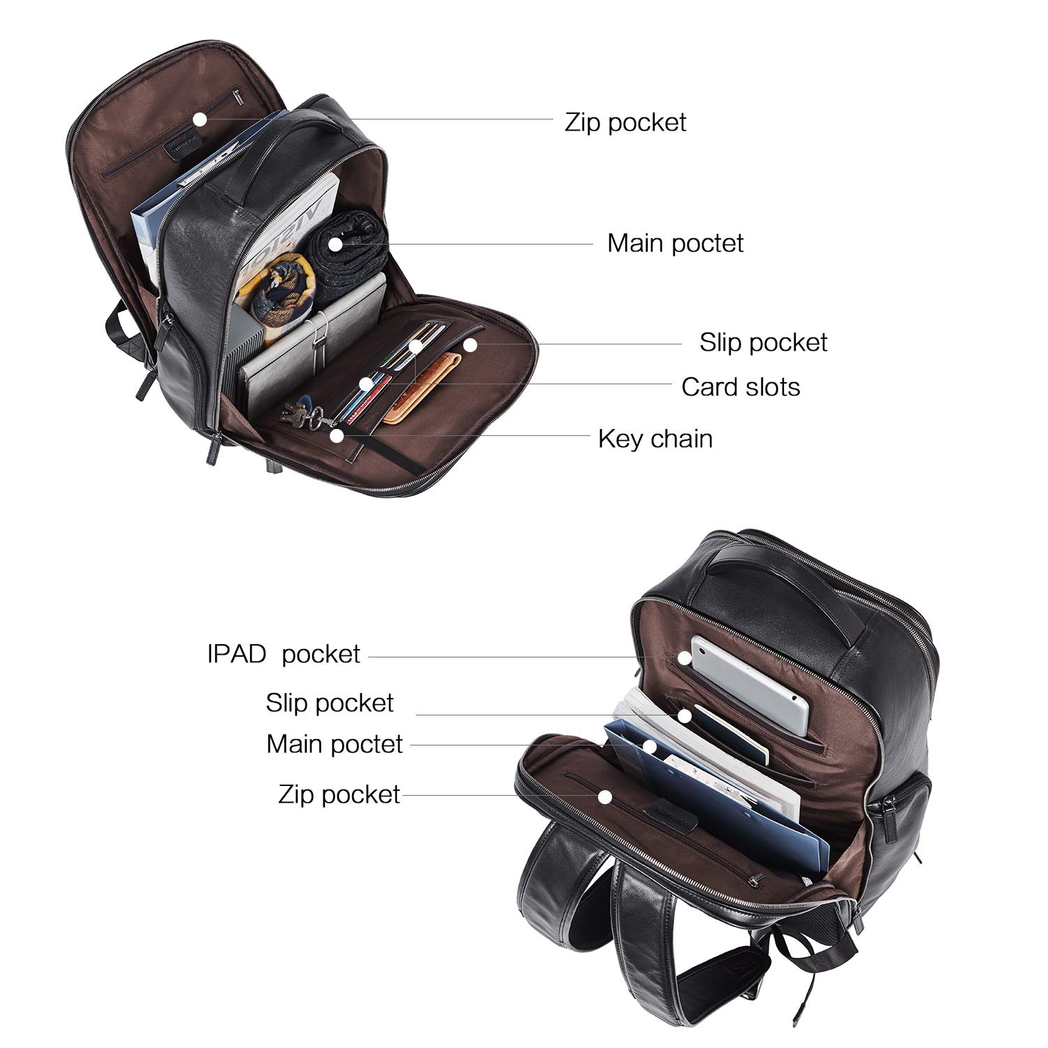BOSTANTEN Genuine Leather Backpack for Men - 15.6 Inch Laptop Backpack with USB Charging Port - Waterproof College Travel Backpack for Work, School & Business - Black