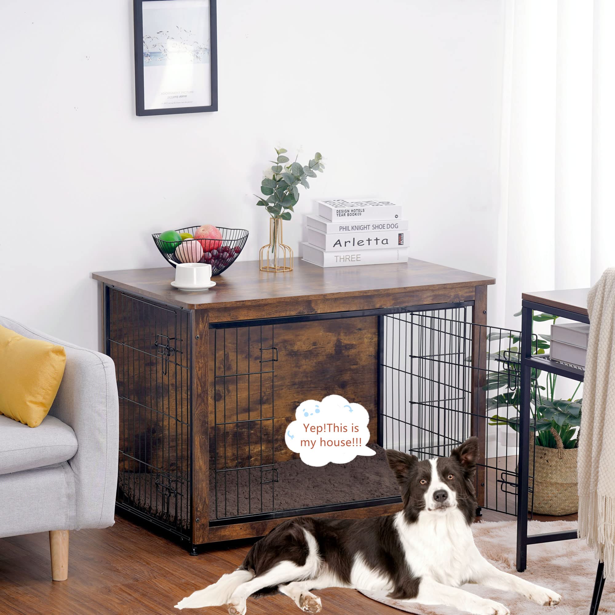 DWANTON Wooden Dog Crate Furniture with Cushion - Double Door Indoor Dog Kennel, Large Dog House & Cage (38.5