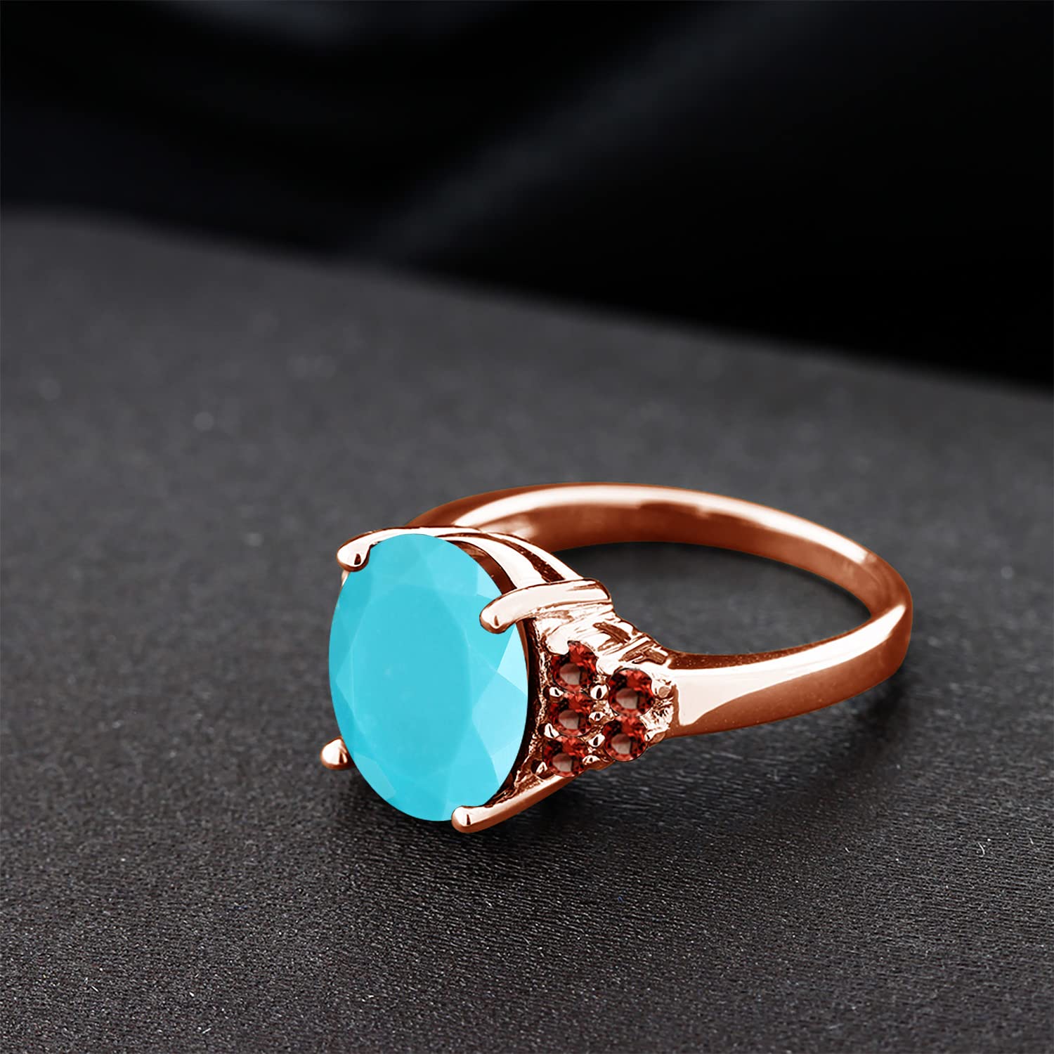3.48 Ct Oval Green Turquoise & Red Garnet Ring in 18K Rose Gold Plated Silver | Gem Stone King | Elegant Jewelry for Weddings, Parties & Special Occasions