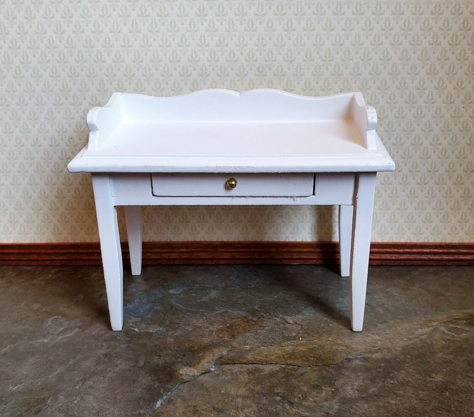 1:12 Scale Dollhouse Miniature Writing Desk with Drawer - White Wooden Study Desk for Dollhouse Accessories, Vintage Doll Furniture - Perfect for Miniature Room Decor & Collectors Display