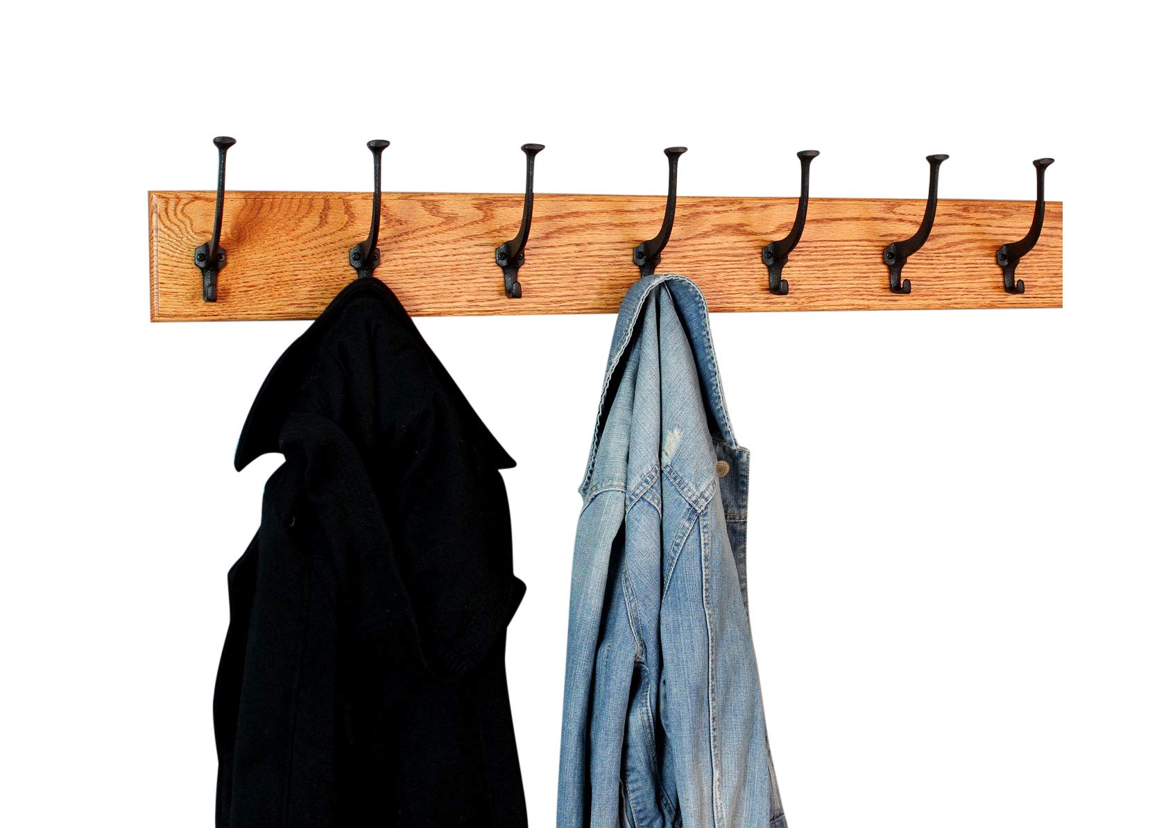 Solid Oak Wall Mounted Coat Rack with 8 Large Black Mission Hooks - Handcrafted in USA - Burnt Orange Finish - 41