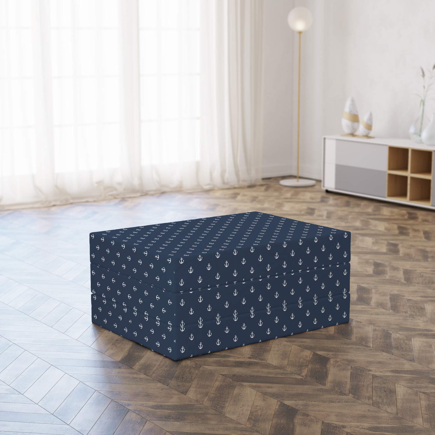 Ambesonne Foldable Marine Mattress - Nautical Anchor Design, Blue Grey & White, 74.8