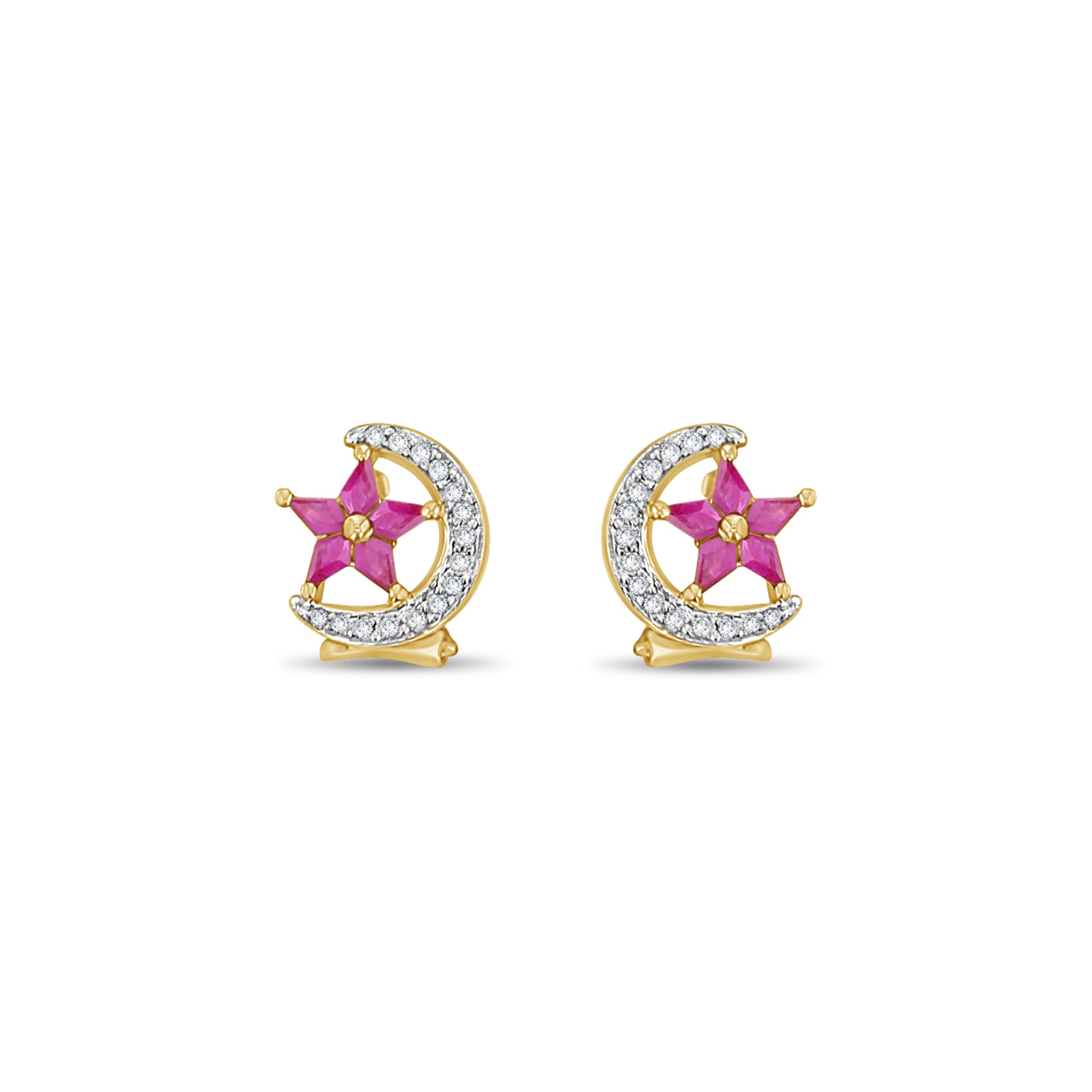 1.14cttw Star & Crescent Moon Ruby Diamond Earrings in 14k Yellow Gold - Elegant Dangle Earrings for Women, Perfect for Weddings, Parties & Special Occasions