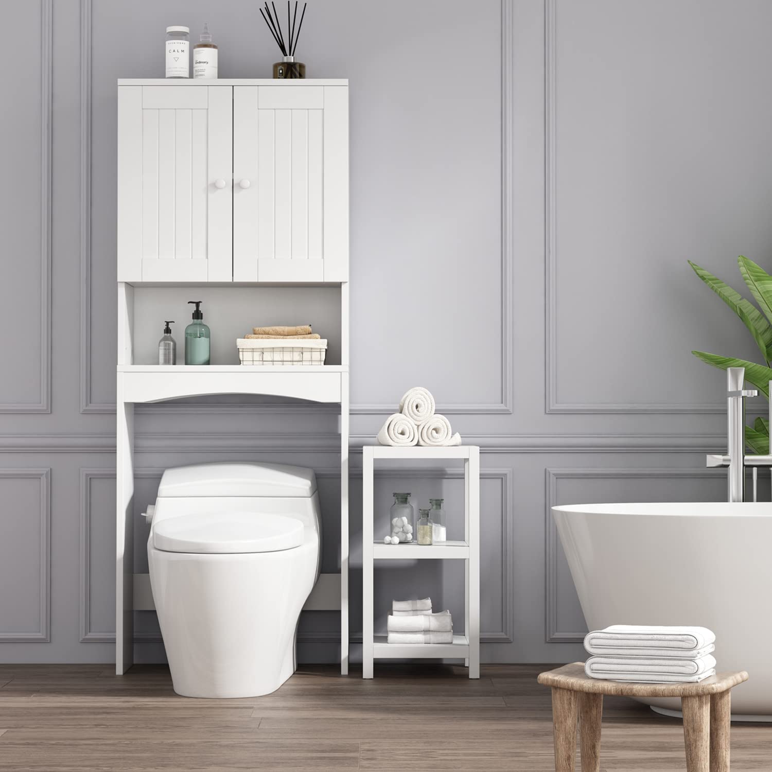 LifeSky Over The Toilet Storage Cabinet with Doors - White Bathroom Space Saver Organizer for Towels, Toiletries & Cleaning Supplies - Perfect for Small Bathrooms & Apartments