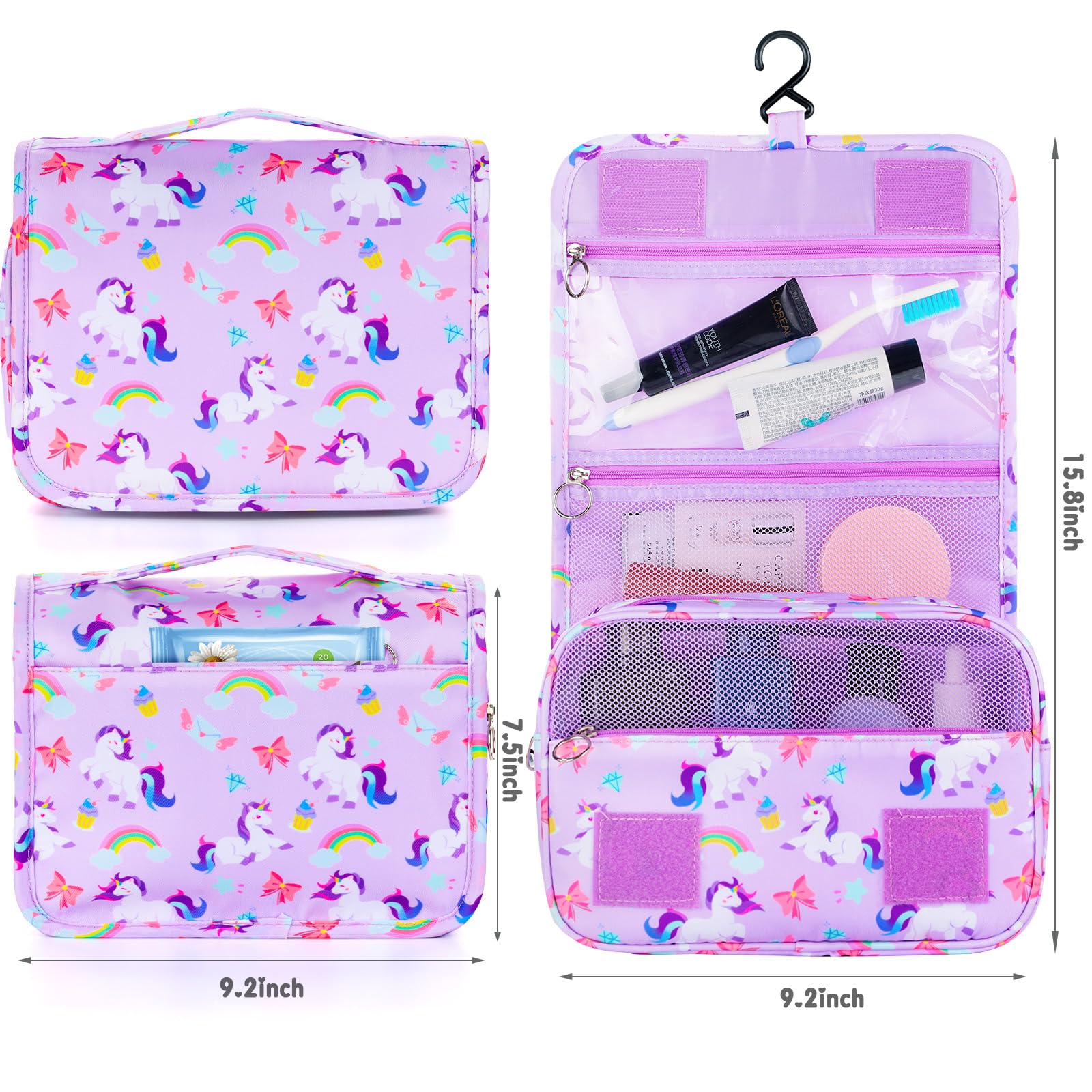 Unicorn Purple Waterproof Kids Hanging Toiletry Bag for Girls - Travel Cosmetic & Makeup Organizer - Perfect for Toddler Travel, Camping & Sleepovers