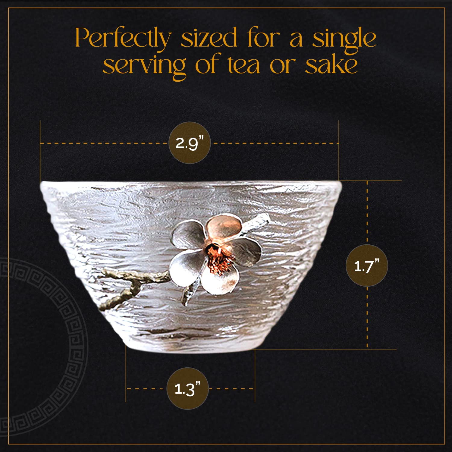 Japanese Hammered Glass Tea Cups Set of 2 - Handcrafted Sake Cups with Tin & Copper Plum Blossom Design, 2.3 oz - Perfect for Tea Ceremonies, Japanese Dining & Gift Giving