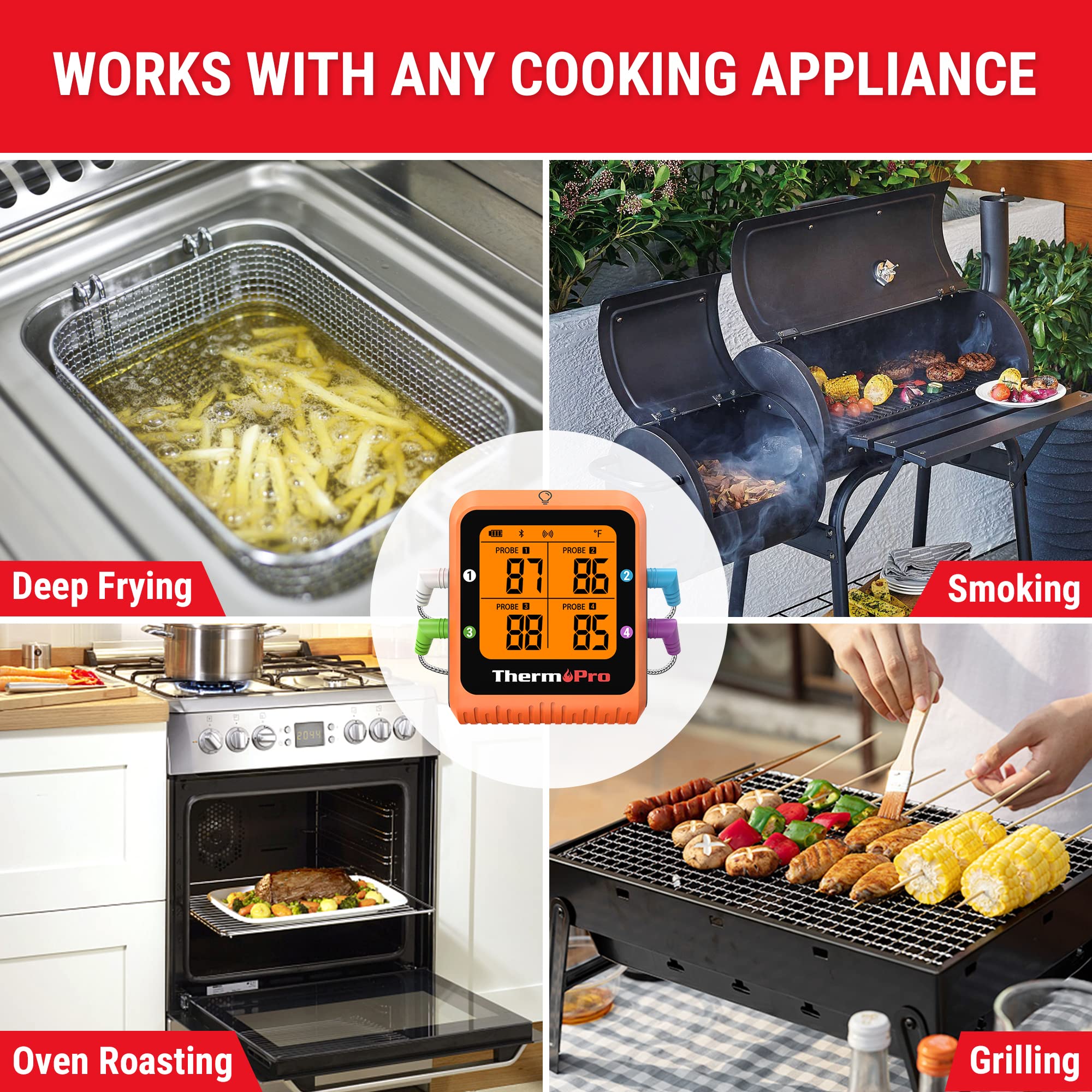 ThermoPro 650 ft Bluetooth Meat Thermometer with 4 Color-Coded Probes - Wireless Digital Cooking Thermometer with Timer & Rechargeable Battery - Perfect for Smoker, Oven, Grill, BBQ, and Commercial Kitchen Use