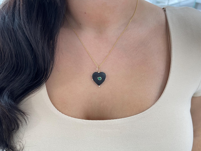 0.84tcw 14K Gold Natural Pear Cut Emerald Heart Shaped Ebony Wood Stacking Pendant - Perfect for Layering Necklaces, Gift for Her, Valentine's Day & Anniversary Jewelry
