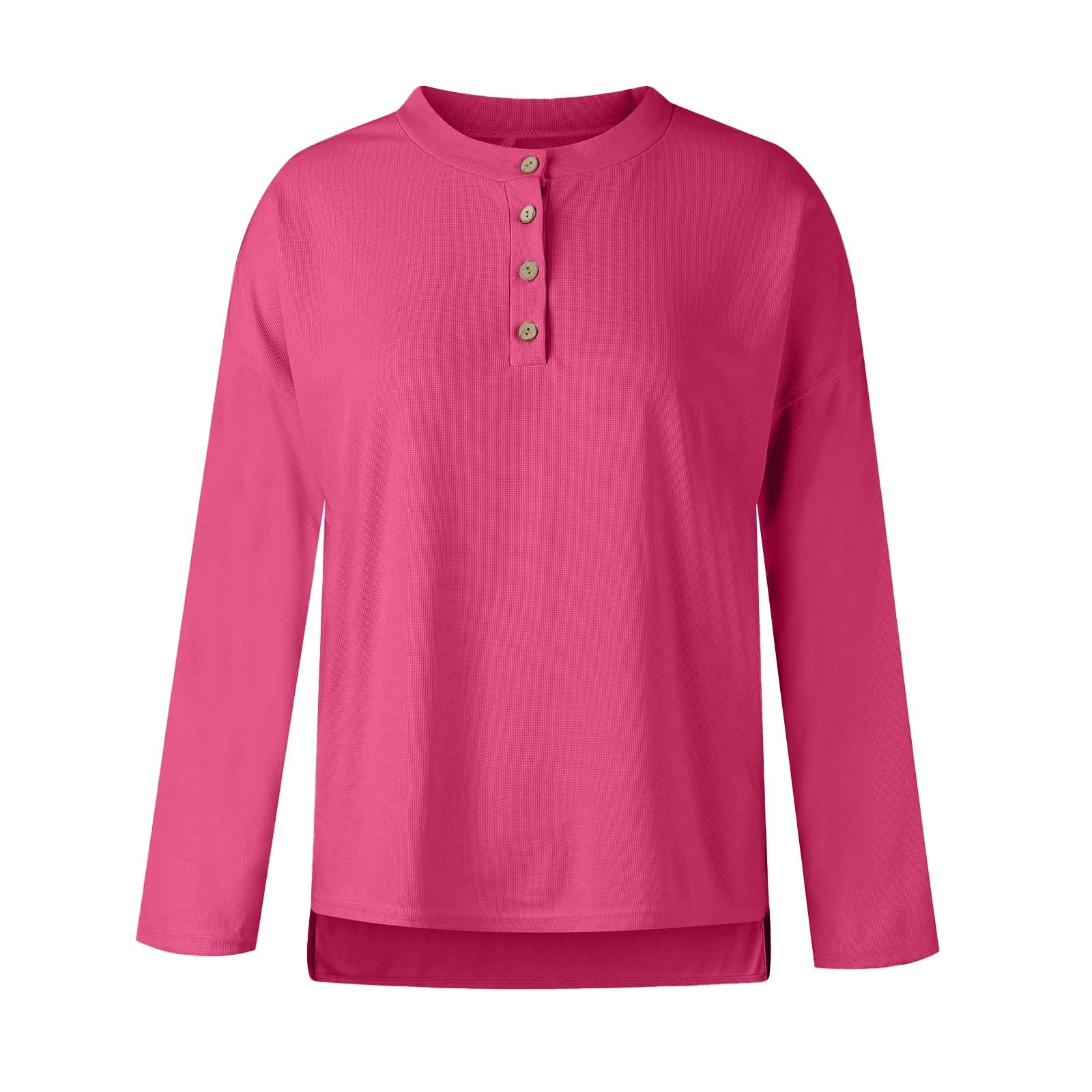 Women's Button-Up Sweatshirt - Waffle Knit Henley Neck Long Sleeve Top - Solid Color Drop Shoulder Blouse for Casual Wear & Layering
