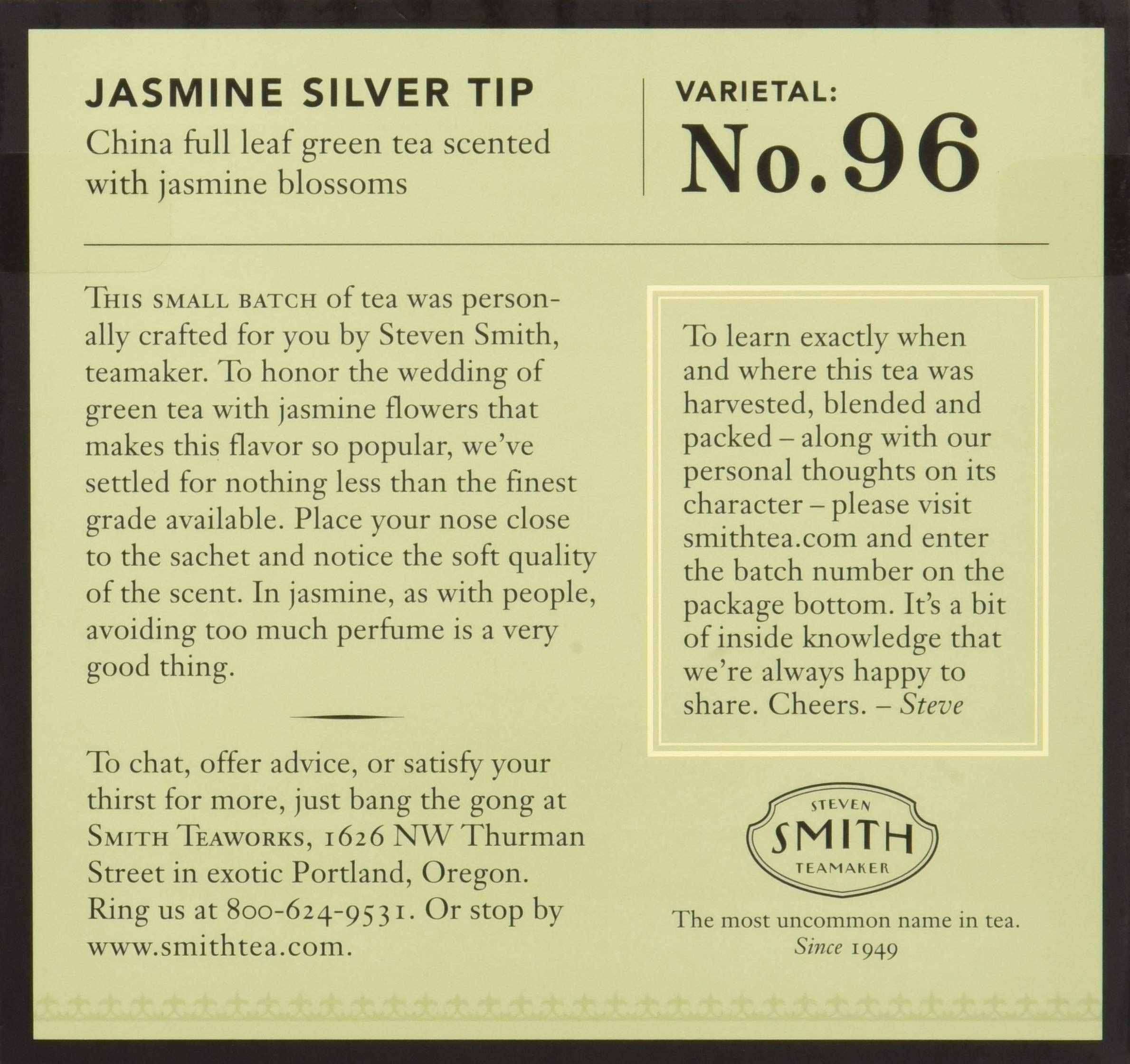 Premium Smith Teamaker Jasmine Silver Tip Green Tea - 6 Packs (15 Tea Bags Each) | Organic Loose Leaf Tea Bags for Relaxation, Gift Giving & Daily Wellness