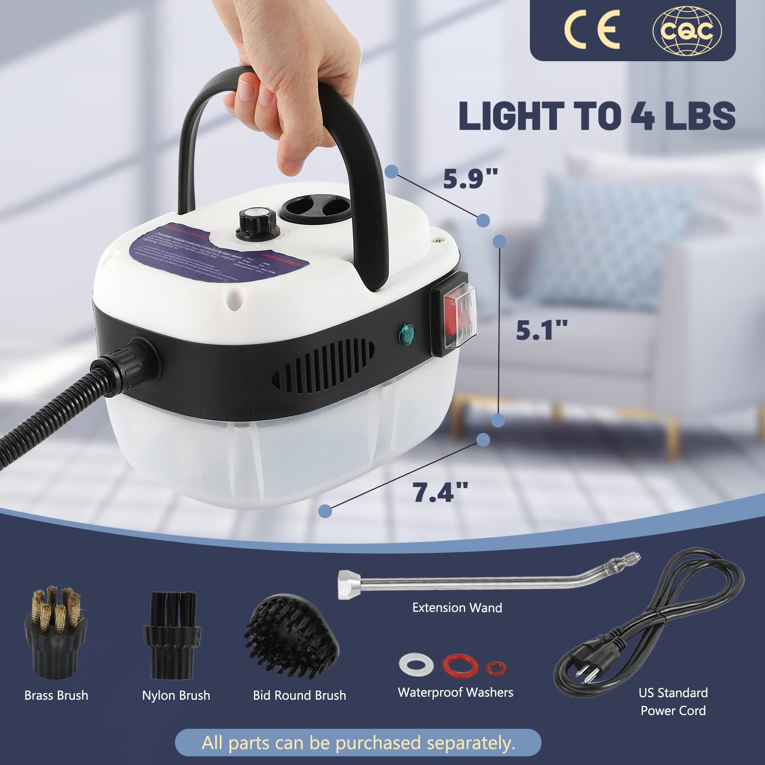 Moongiantgo 2-in-1 Pressurized Steam Cleaner Handheld Steamer with 1000ml Detachable Water Tank - Powerful Deep Cleaning for Floors, Carpets, Upholstery & More - Ideal for Home, Kitchen, Bathroom & Car Interior Cleaning