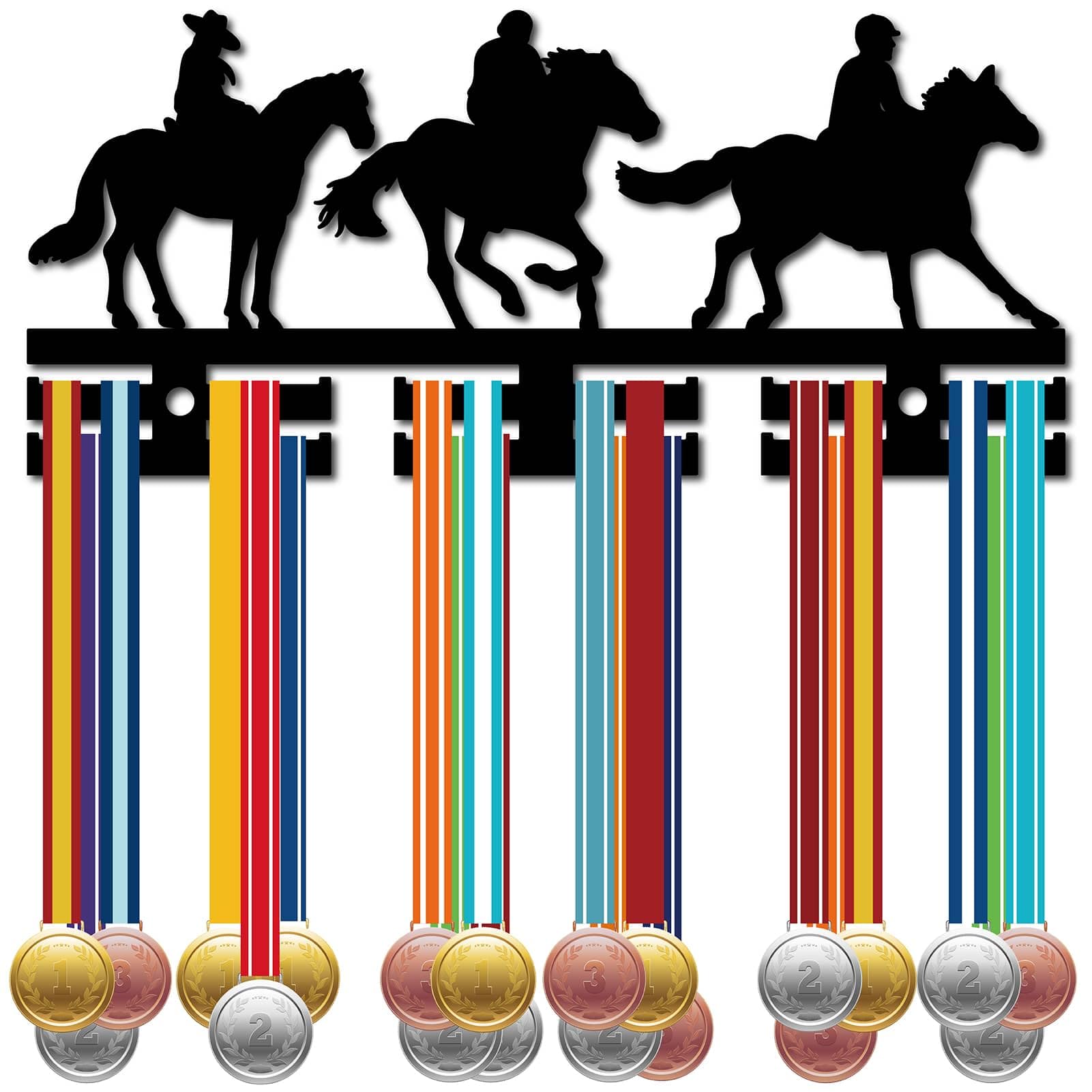 CREATCABIN Equestrian Medal Display Rack - Black Acrylic Wall Mounted Medal Holder with 12 Hooks & 3 Rows - Perfect for Organizing Riding, Dancing, and Running Awards (11.4x5 Inch) - Ideal for Equestrian Clubs, Dance Studios, and Sports Trophy Rooms