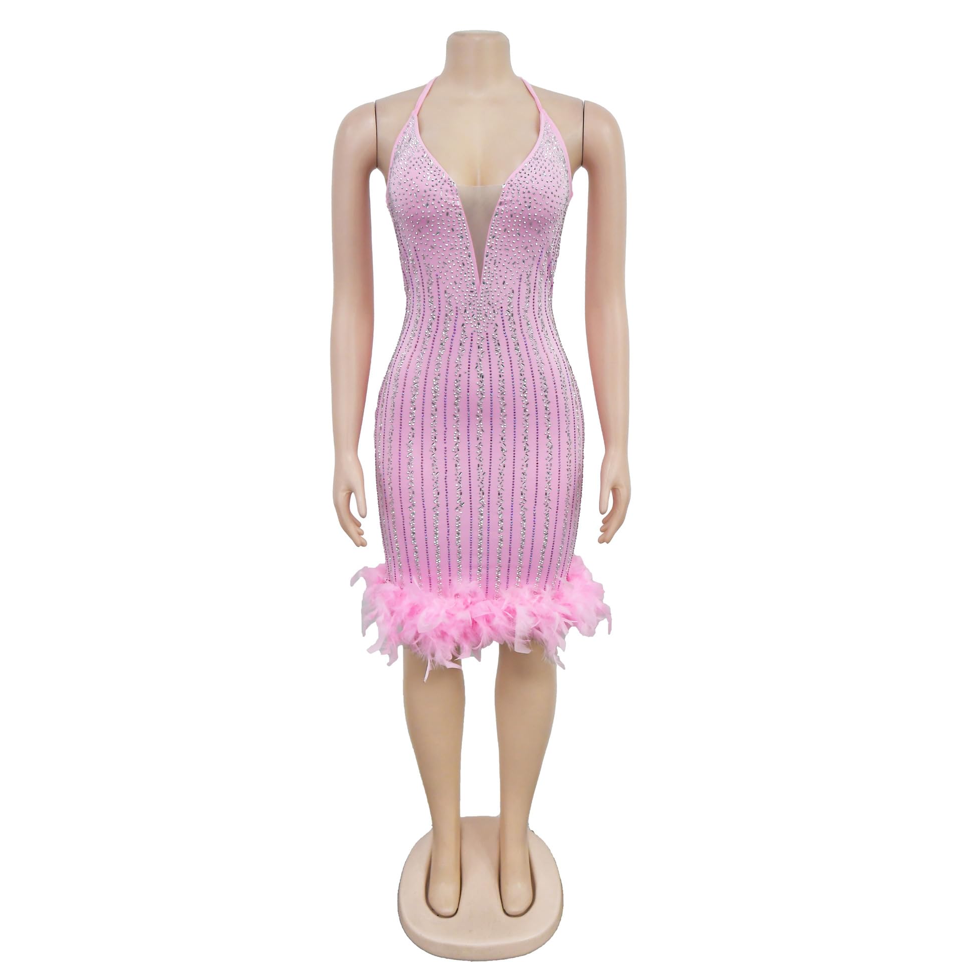 KELYWELL Women's Sexy Feather Bodycon Dress - Spaghetti Strap V-Neck Rhinestone Club Dress for Party & Night Out | Elegant Midi Dress for Cocktail, Date Night & Special Occasions