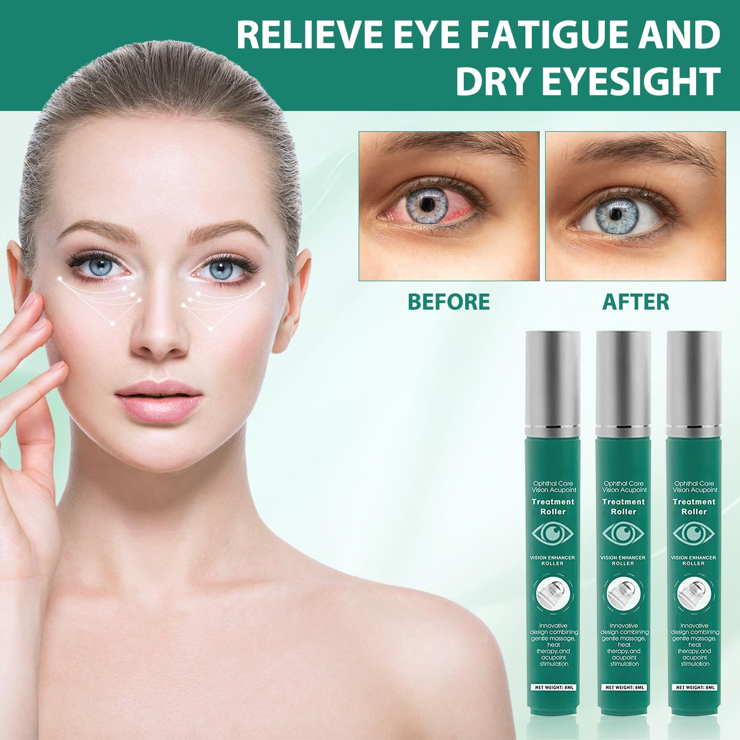 Vision Enhancing Massage Roller for Eyes - Natural Eye Relief Roller to Reduce Strain, Fatigue & Discomfort - Improves Visual Clarity - 8ml (3 Pack) - Perfect for Office Workers, Gamers & Digital Screen Users