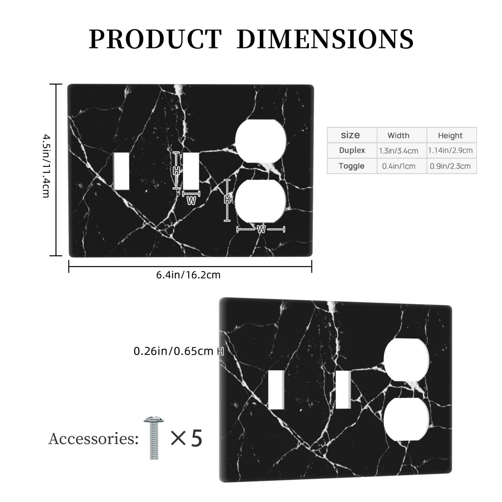 Black Marble Toggle Duplex Outlet Wall Plate - 3 Gang Light Switch Cover with Decorative Texture for Laundry, Living Room, Bathroom & Bedroom - Electrical Receptacle Accessory for Home Decor and Safety