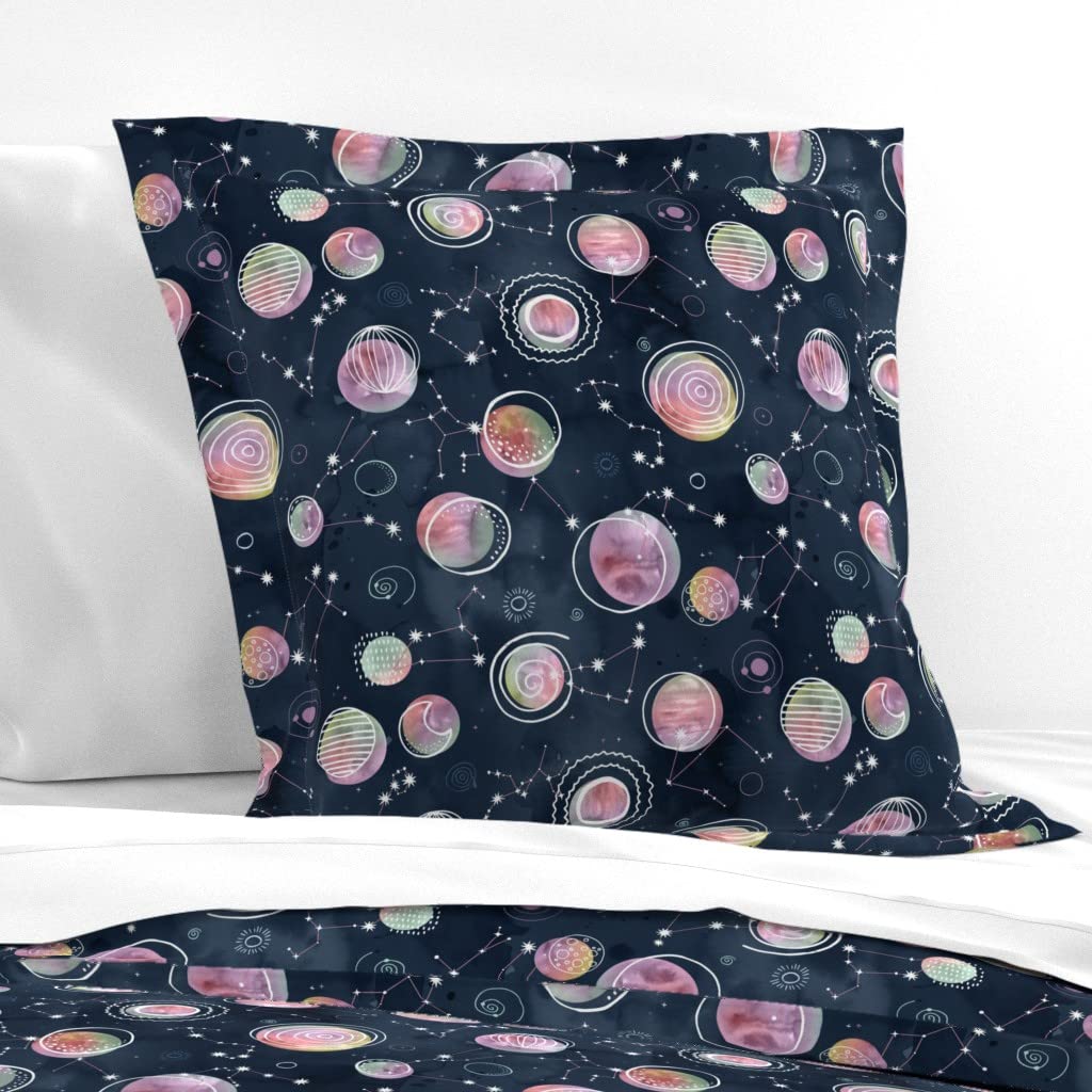 Cosmic Watercolor Planets & Constellations Cotton Sateen Euro Sham - Space Galaxy Astronomy Solar System Print Custom Bedding for Modern Home Decor | Perfect for Kids' Rooms, Nursery, or Astronomy Lovers